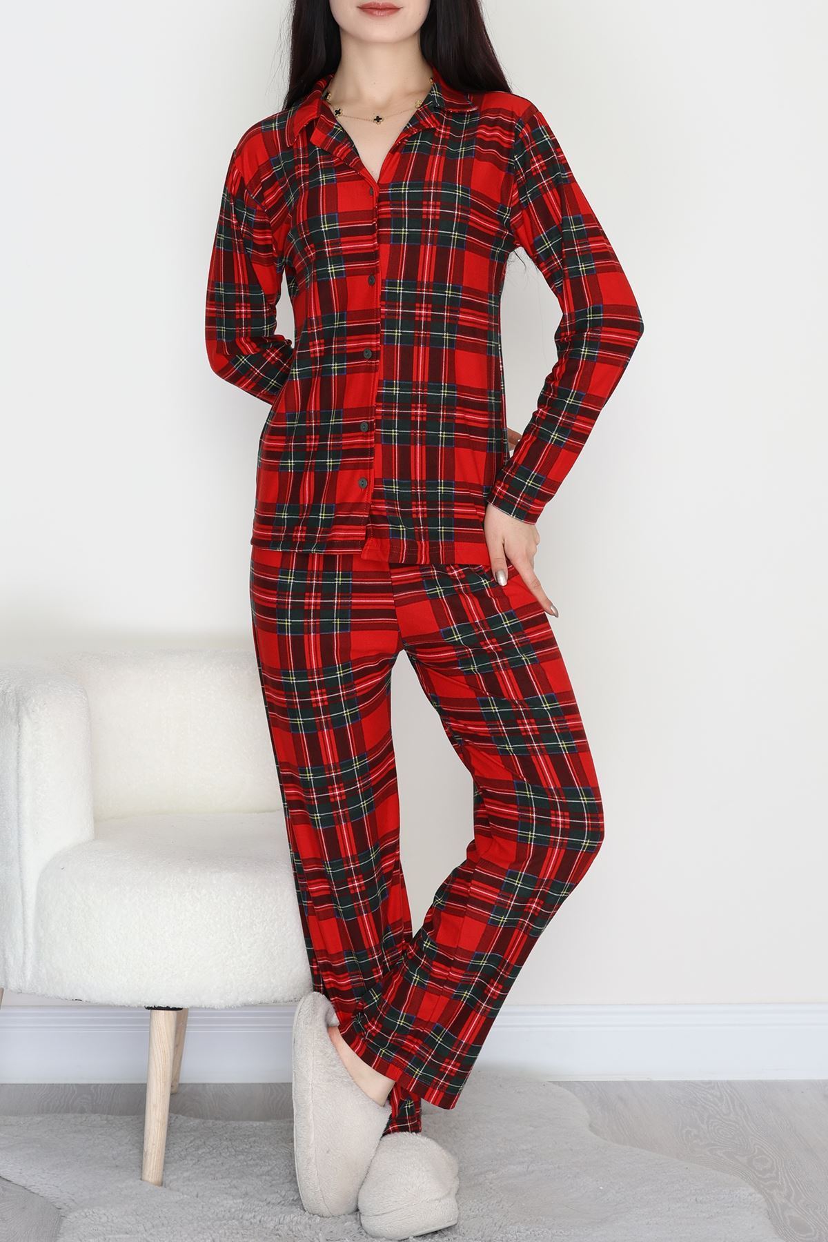 Düğmeli Süet Pijama Takımı Kırmızıyeşil - 450.1287.