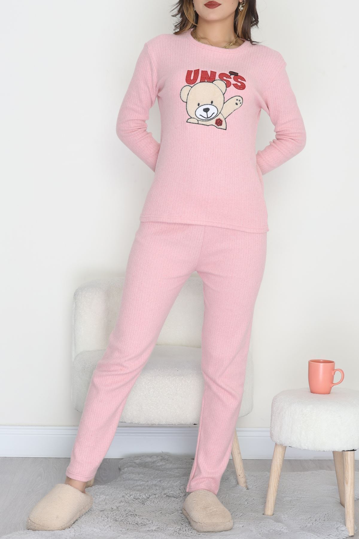 Nakışlı İnterlok Pijama Takımı Pudrabej - 800.1287.