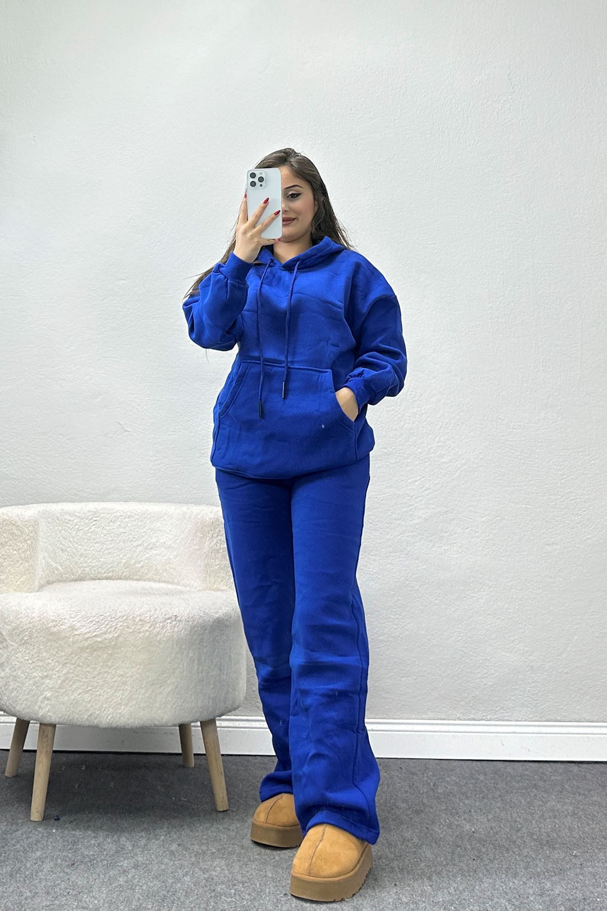 Üç İplik Kanguru Cep Eşofman Takımı Saks - 70777.1878.