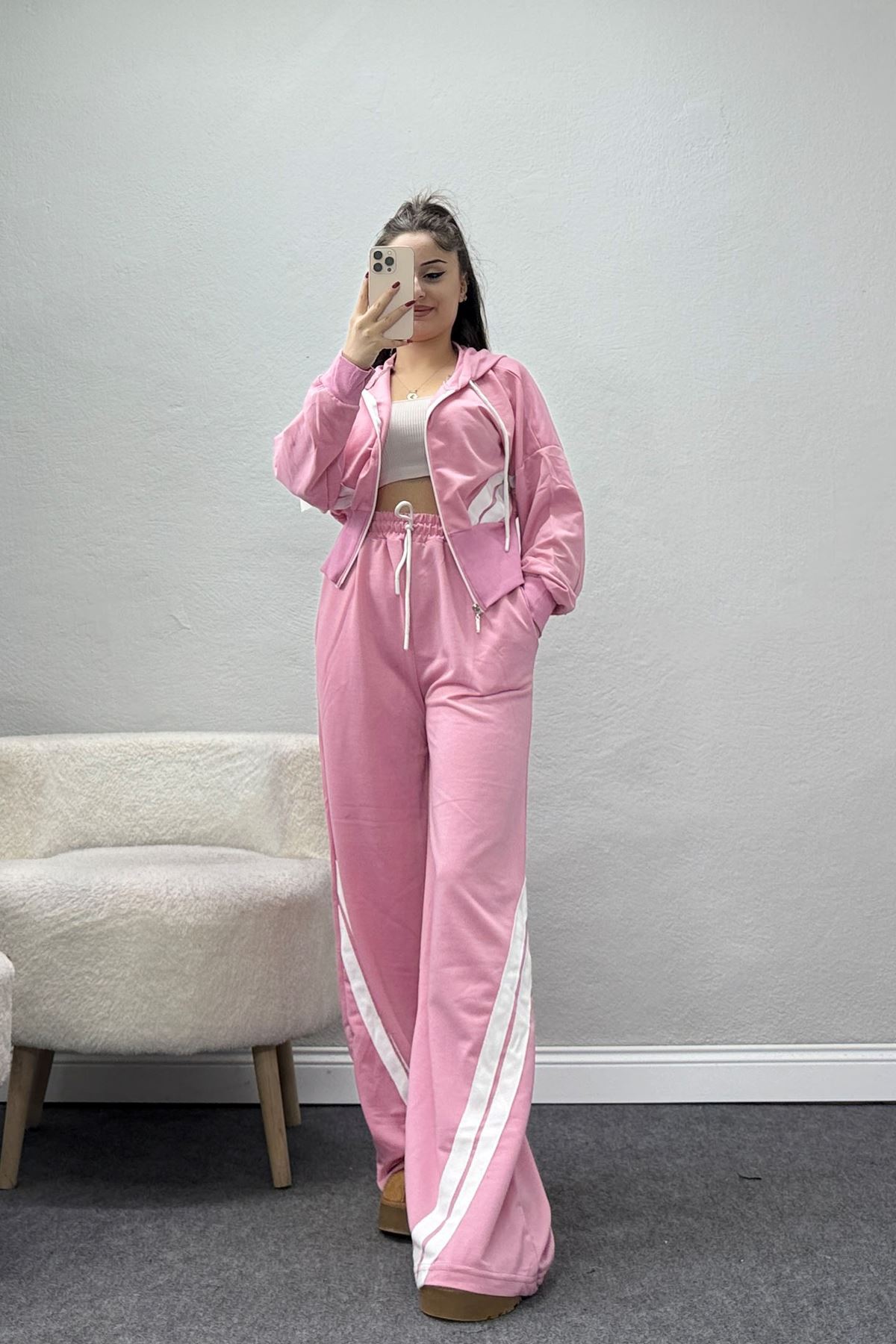 Keten Şeritli 2 İplik Eşofman Takımı Pembebeyaz - 52079.1857.