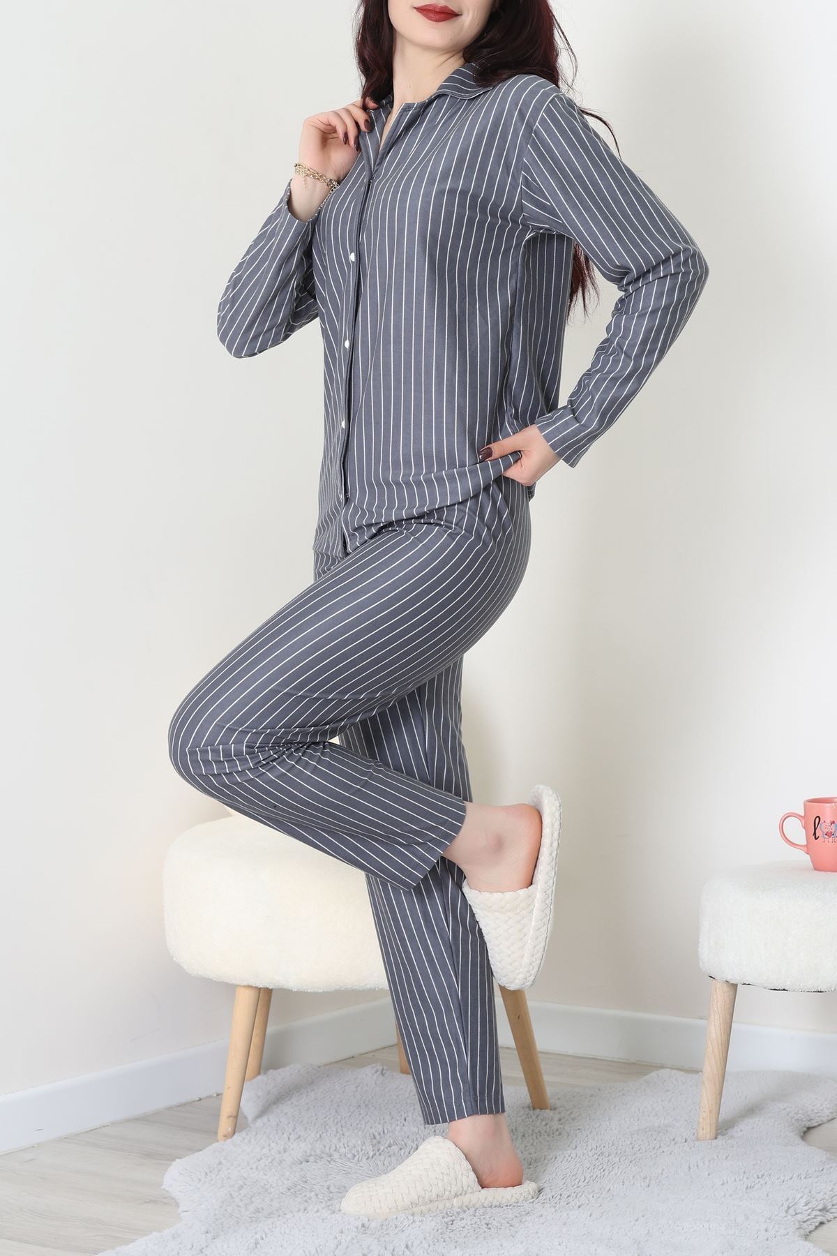 Süet Düğmeli Pijama Takımı Füme - 52179.2124.