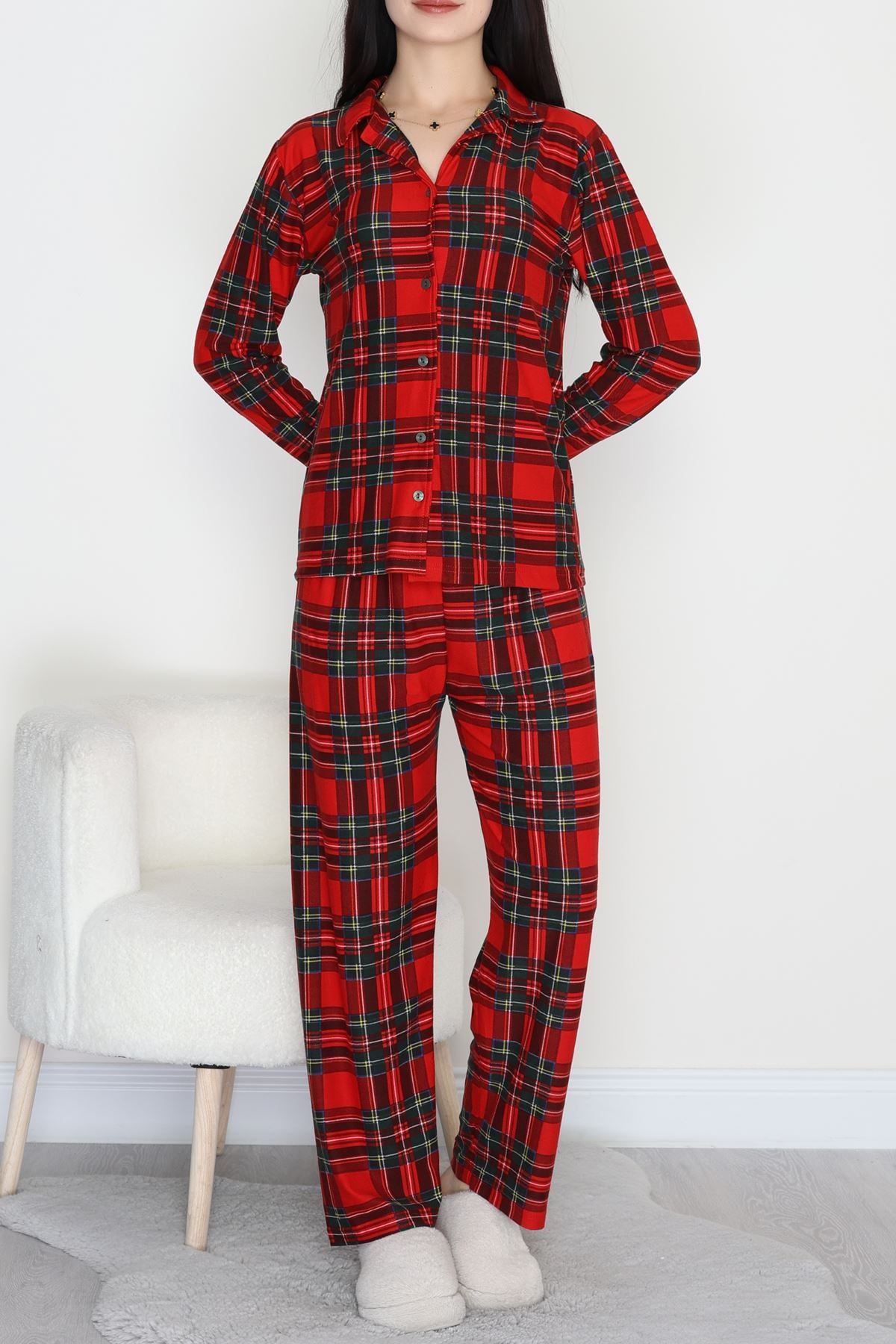 Düğmeli Süet Pijama Takımı Kırmızıyeşil - 450.1287.