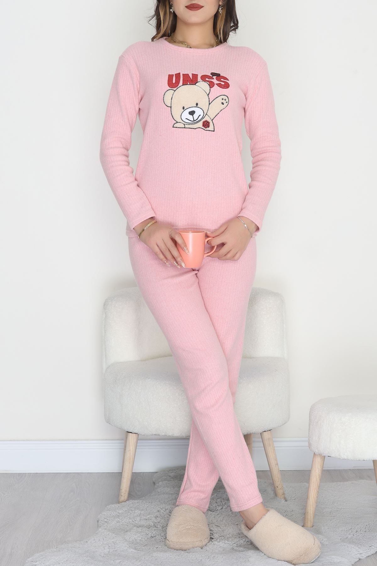 Nakışlı İnterlok Pijama Takımı Pudrabej - 800.1287.