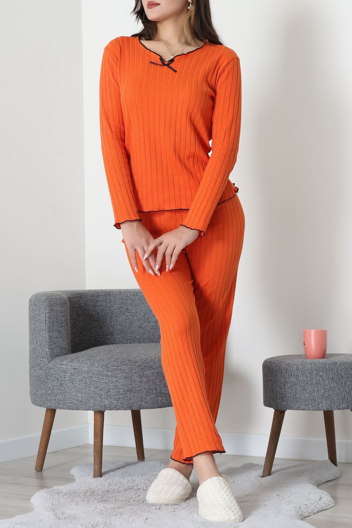 Fitilli İnterlok Pijama Takımı Oranj - 70796.1048.