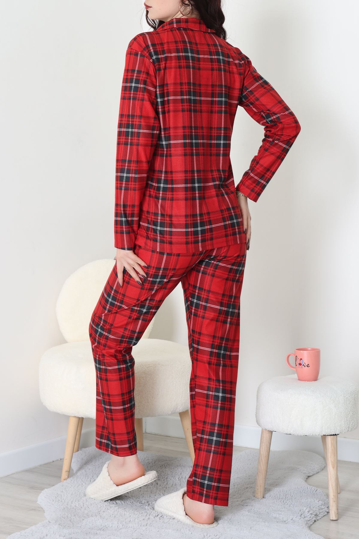 Süet Düğmeli Pijama Takımı Kırmızıekose - 52171.1050.