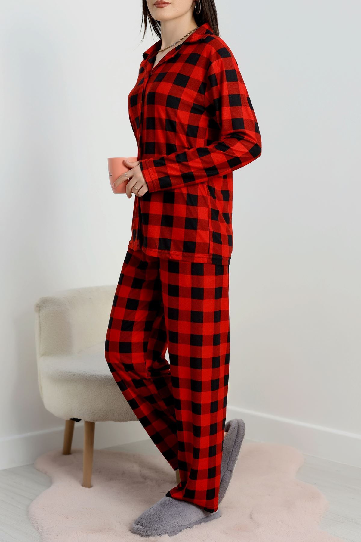 Düğmeli Süet Pijama Takımı Kırmızıekose - 450.1287.