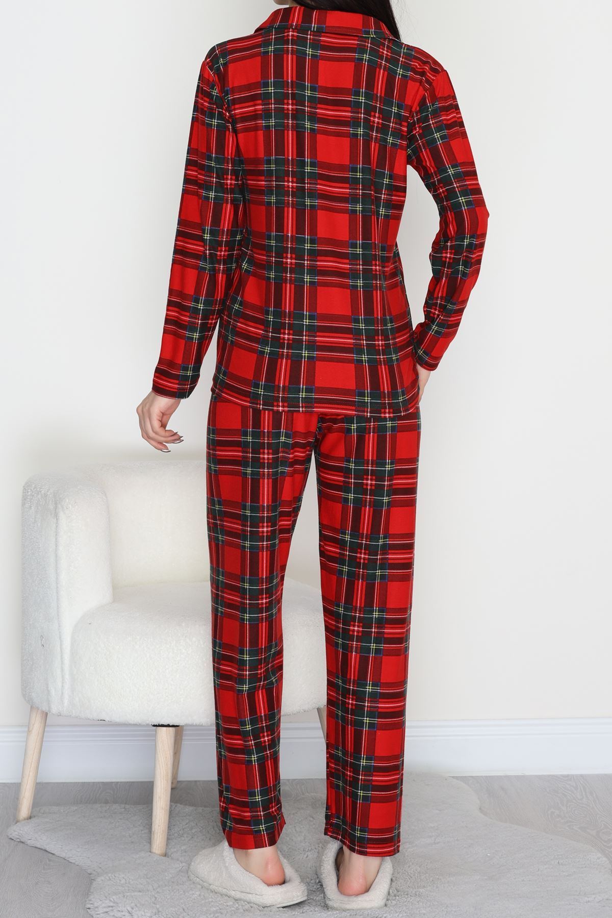 Düğmeli Süet Pijama Takımı Kırmızıyeşil - 450.1287.