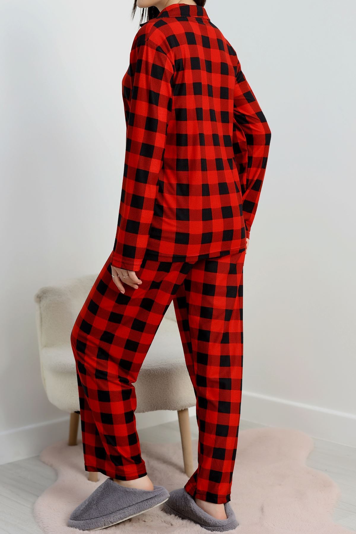 Düğmeli Süet Pijama Takımı Kırmızıekose - 450.1287.