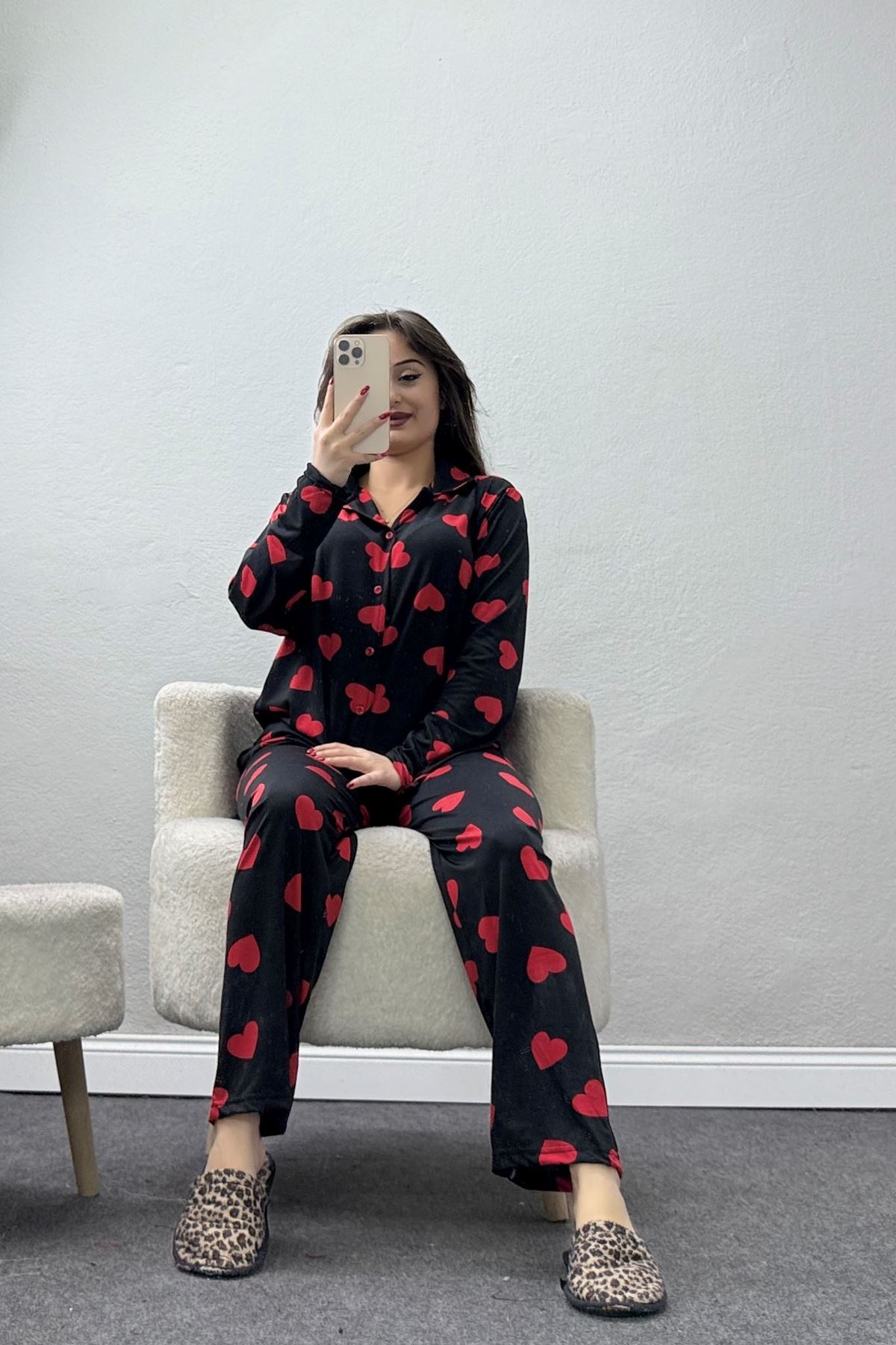 Soft Milan Düğmeli Pijama Takımı Siyahkırmızı - 7511.1287.