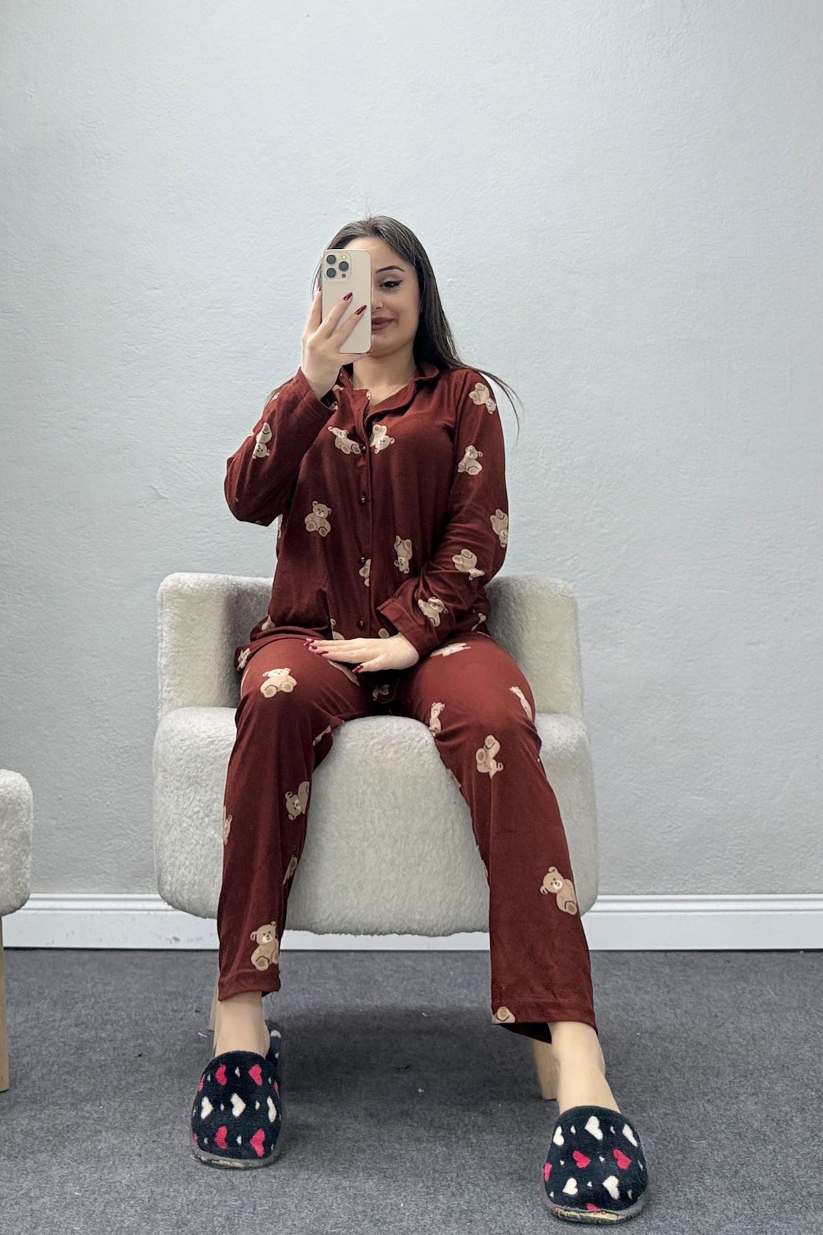 Süet Düğmeli Pijama Takımı Kahve - 52199.1783.