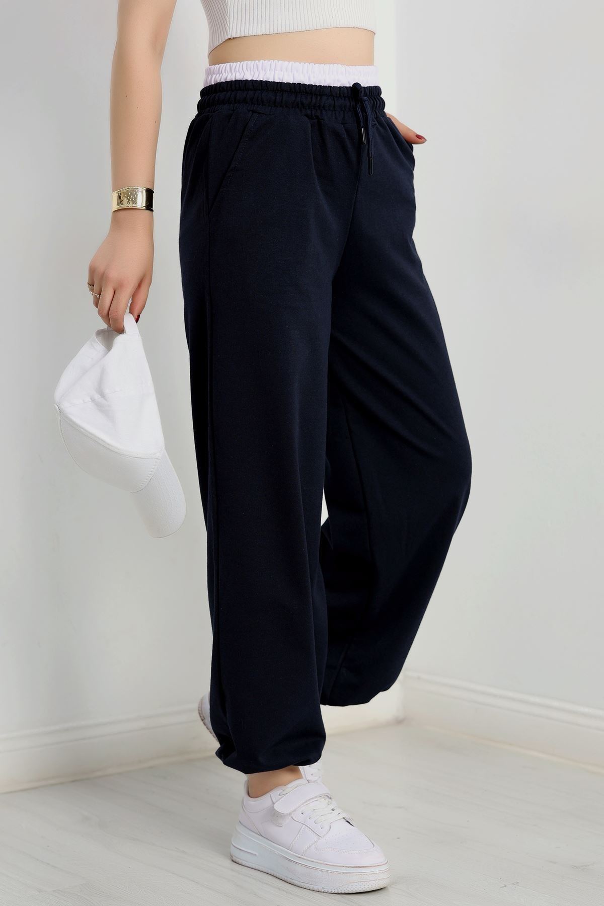 Özel Tasarım İki İplik Beli Lastikli Eşofman Lacivertbeyaz - 70175.1857.