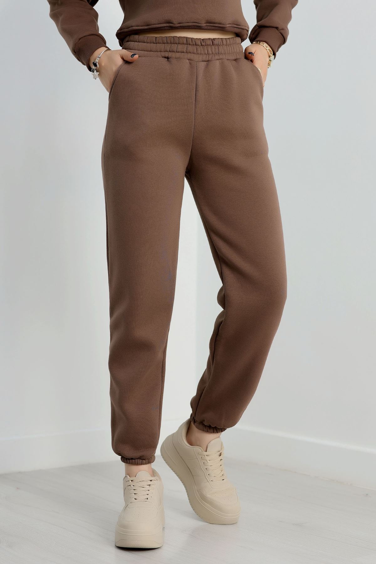 Paça Lastikli 3 İplik Eşofman Altı Kahve - 20956.1878.