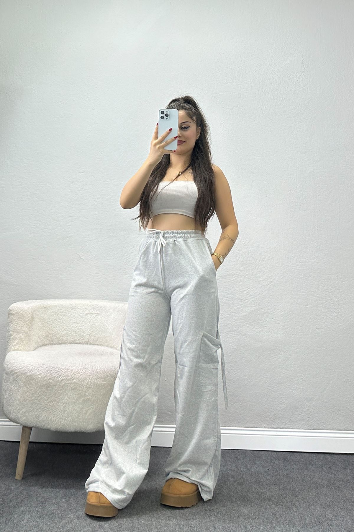 Büzgülü Cepli 2 İplik Eşofman Altı Gri - 50525.1857.