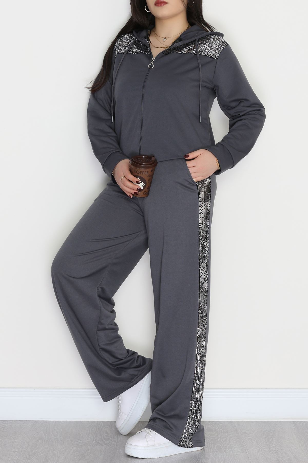 Pul Detay 2 İplik Büyük Beden Eşofman Takımı Füme - 50804.1857.