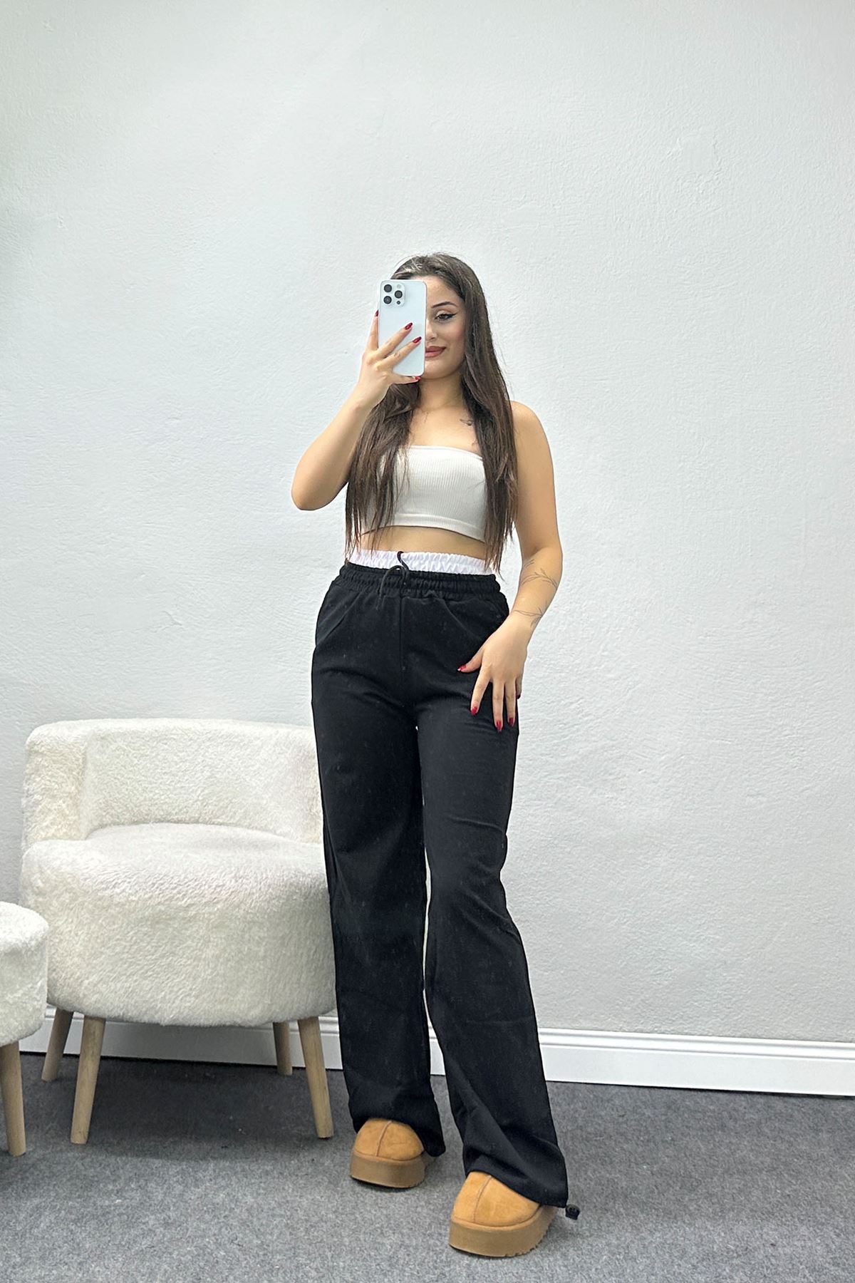 Özel Tasarım İki İplik Beli Lastikli Eşofman Siyahbeyaz - 70175.1857.