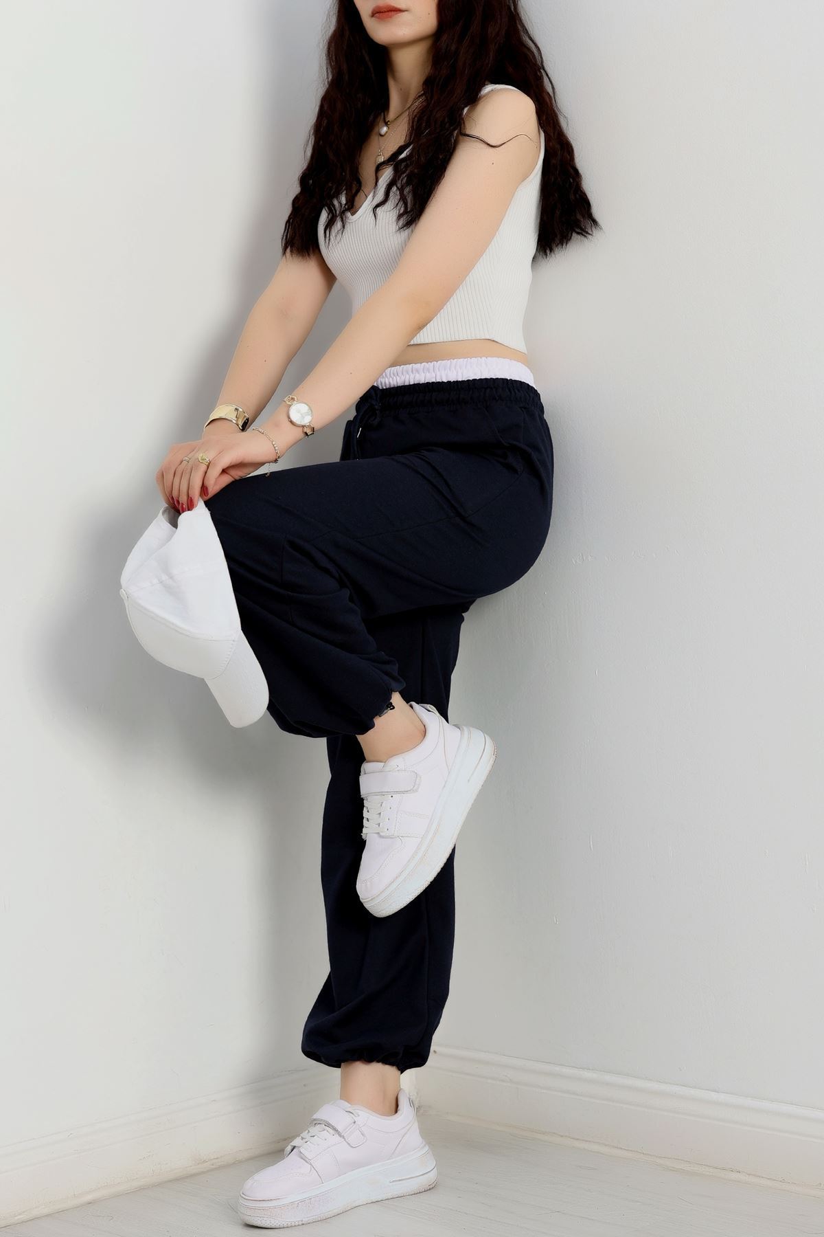 Özel Tasarım İki İplik Beli Lastikli Eşofman Lacivertbeyaz - 70175.1857.