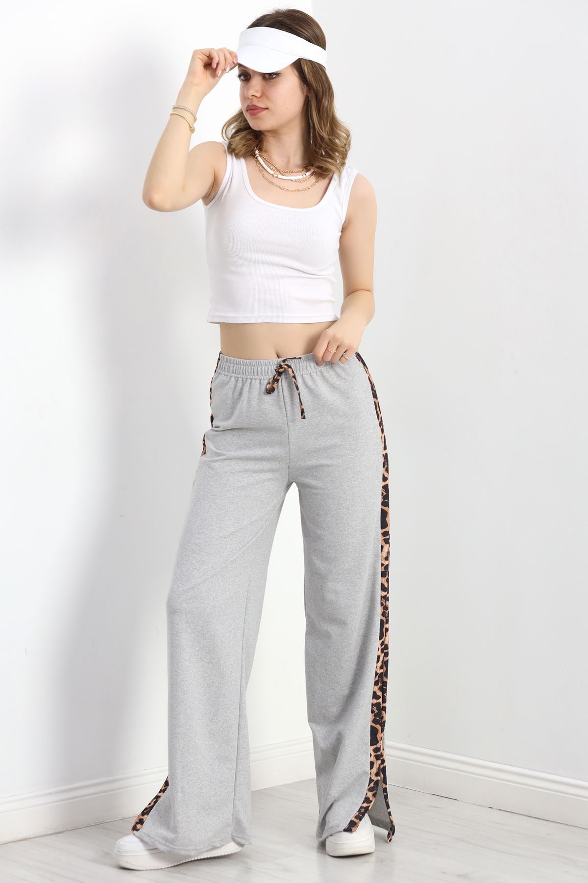 Yırtmaçlı Şeritli 2 İplik Eşofman Altı Gri - 40022.1857.