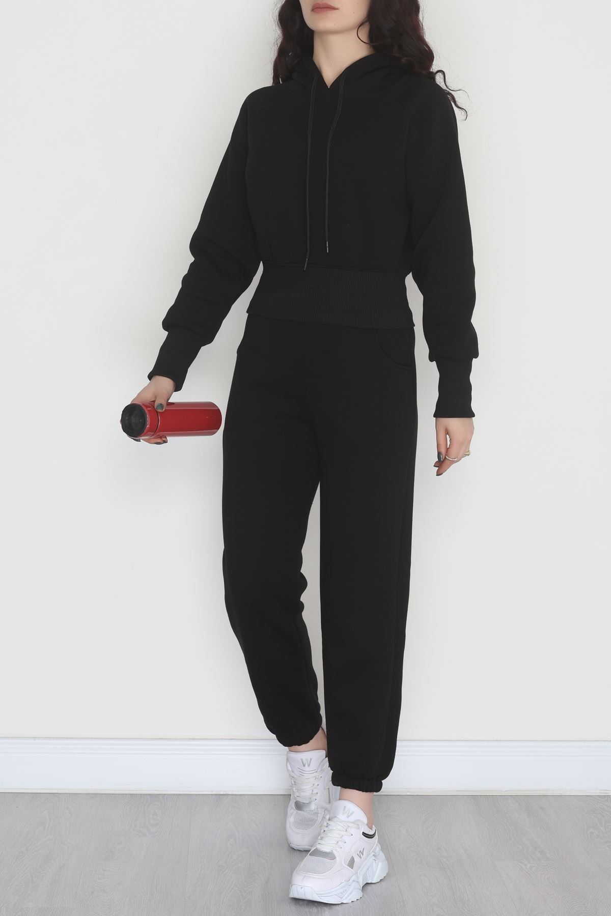 Üç İplik Crop Eşofman Takımı Siyah - 70778.1878.