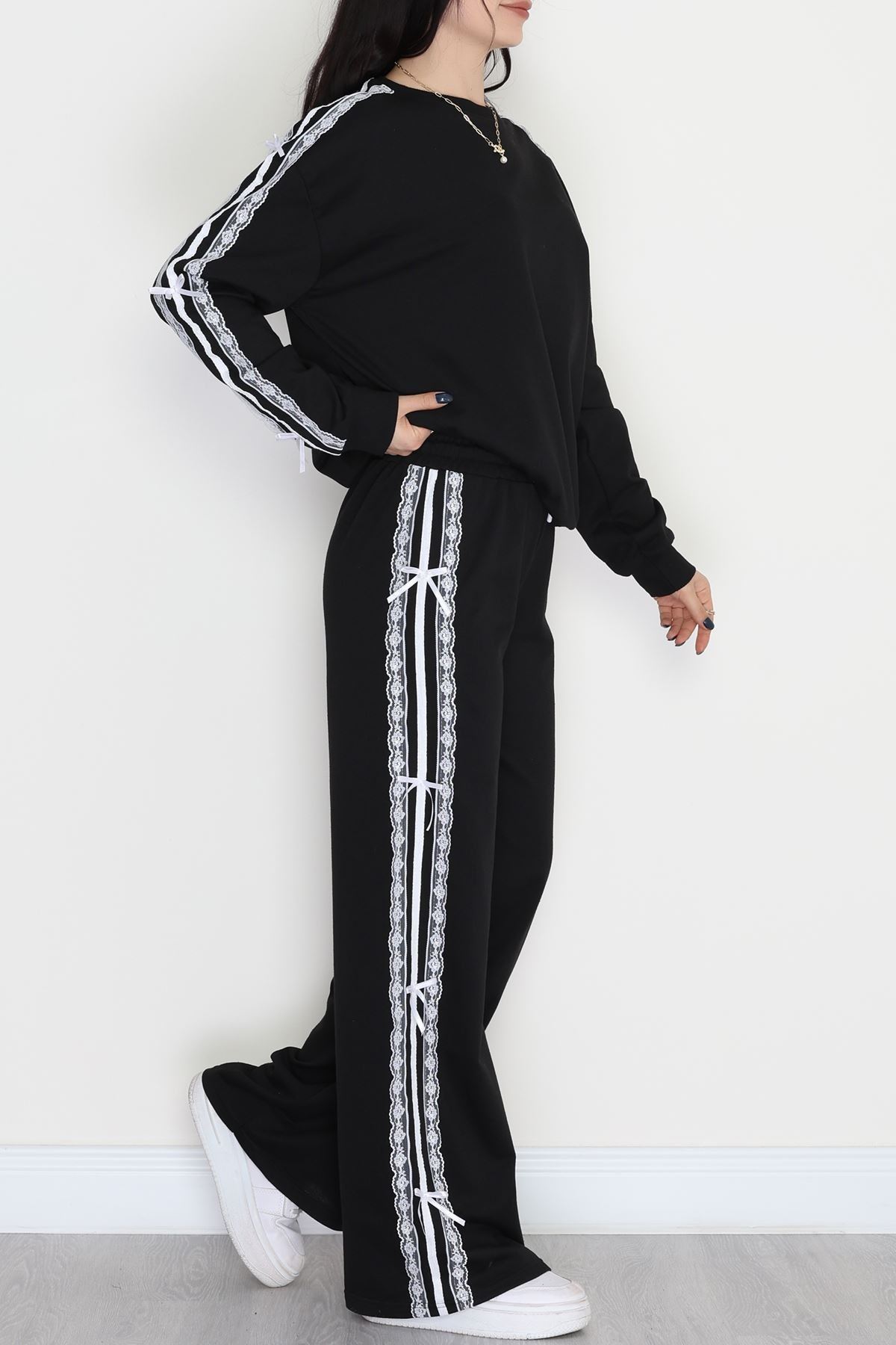 Dantel Şeritli 2 İplik Eşofman Takımı Siyah - 50801.1857.