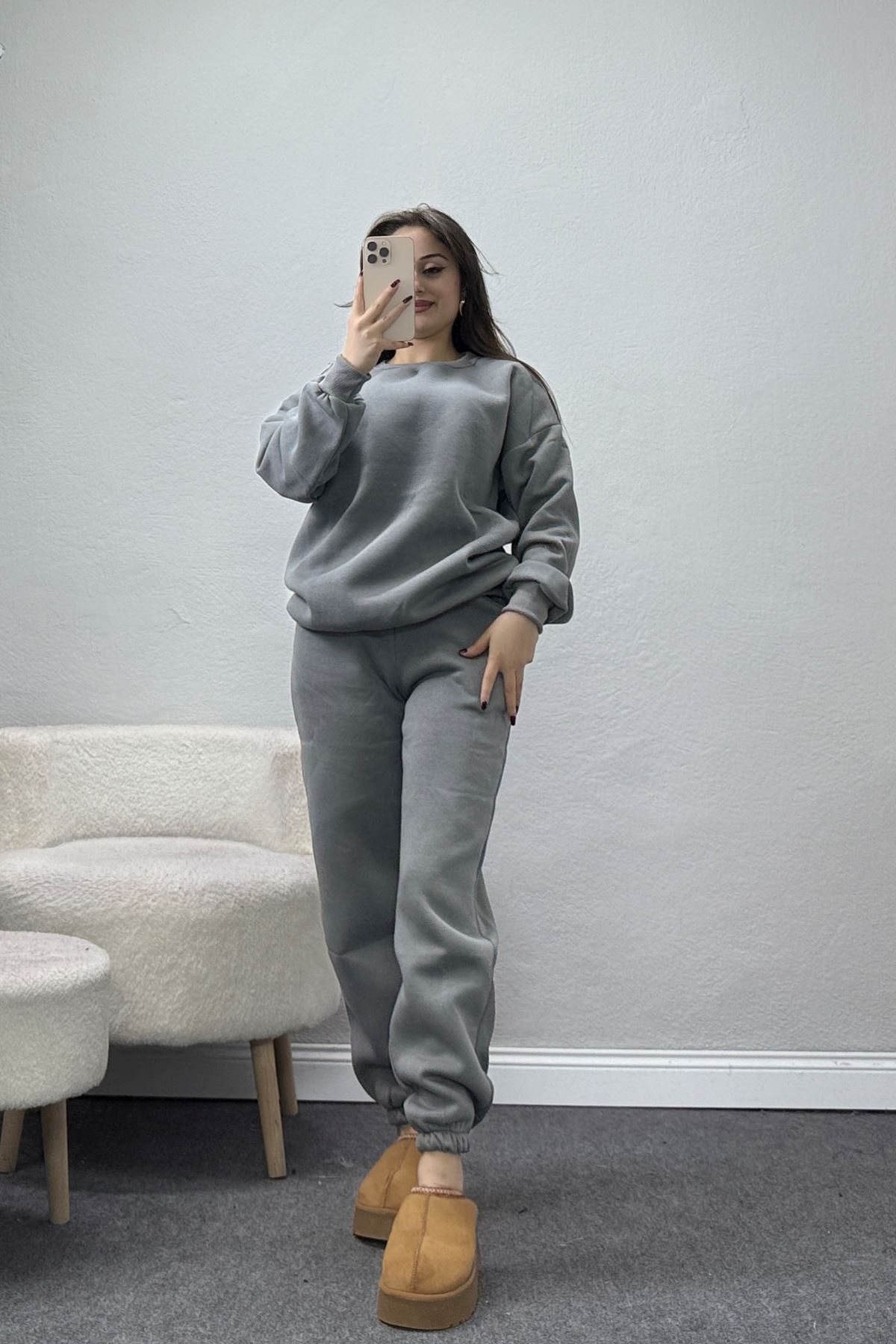 3 İplik Bisiklet Yaka Eşofman Takımı Antrasit - 20779.1878.