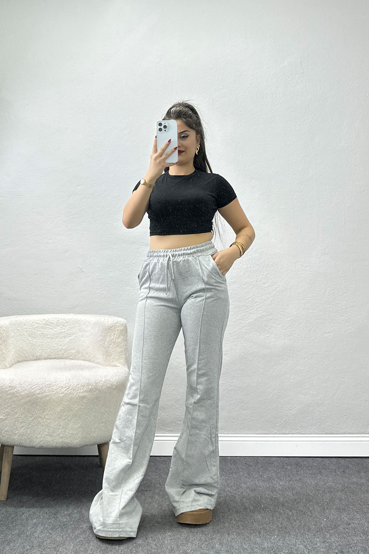 İspanyol Paça 2 İplik Eşofman Altı Gri - 50526.1857.