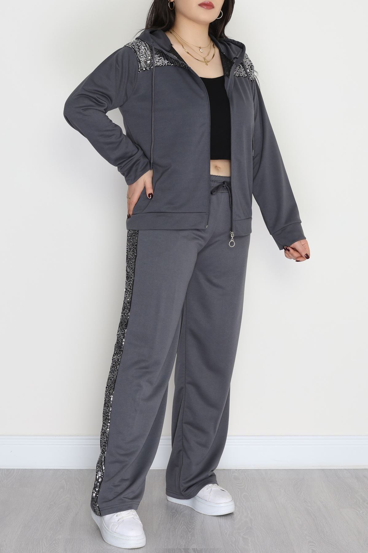 Pul Detay 2 İplik Büyük Beden Eşofman Takımı Füme - 50804.1857.