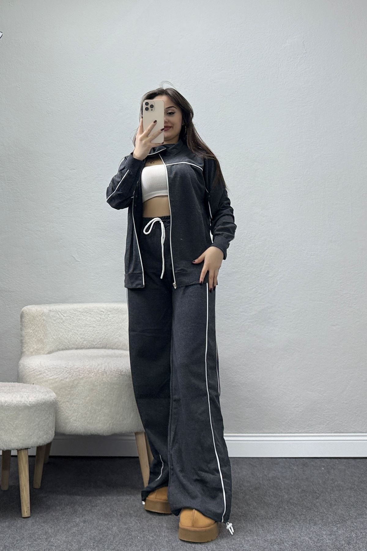 Biyeli 2 İplik Eşofman Takımı Füme - 50794.1857.