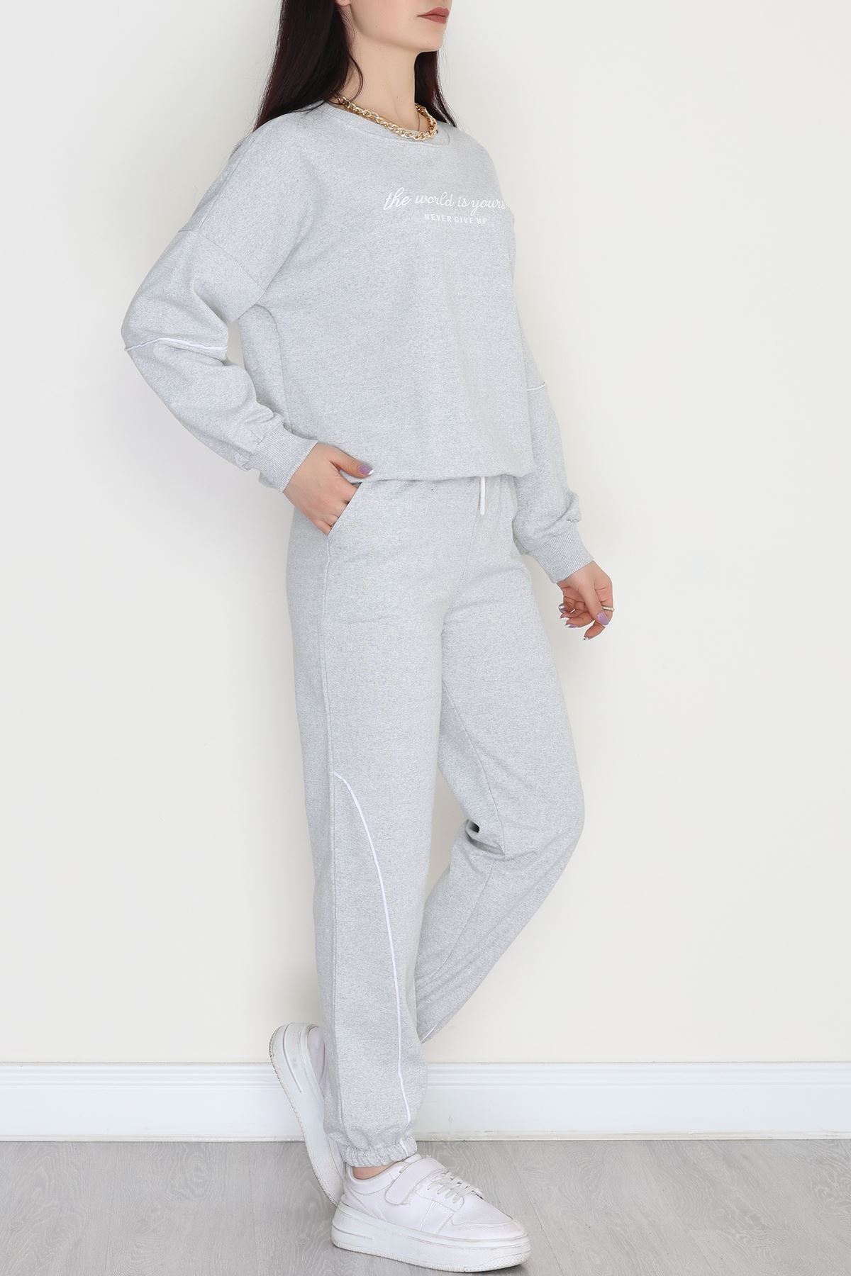 Biyeli Baskılı 2 İplik Eşofman Takımı Gri - 50791.1857.