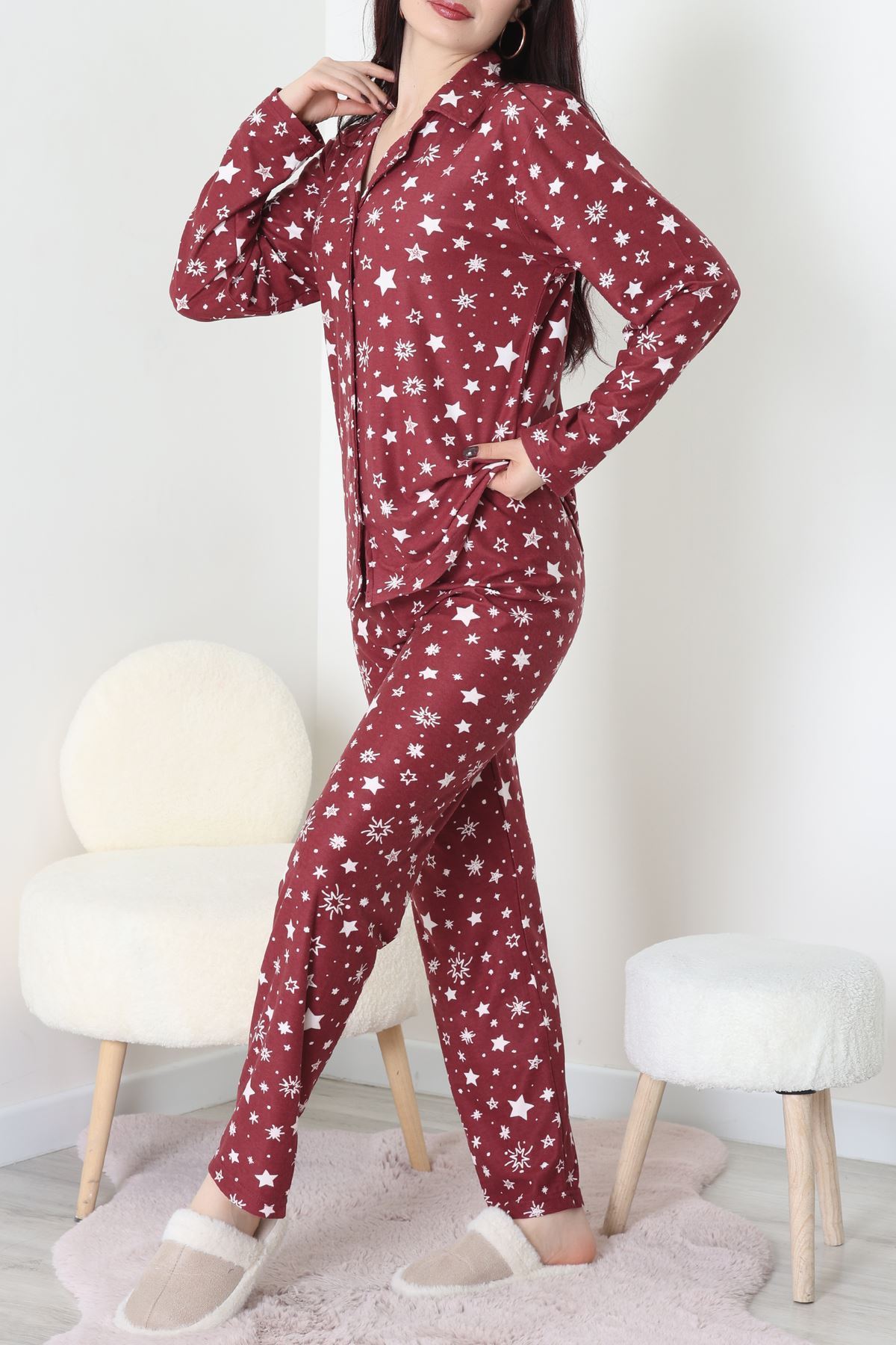 Süet Düğmeli Pijama Takımı Bordo - 31876.1049.