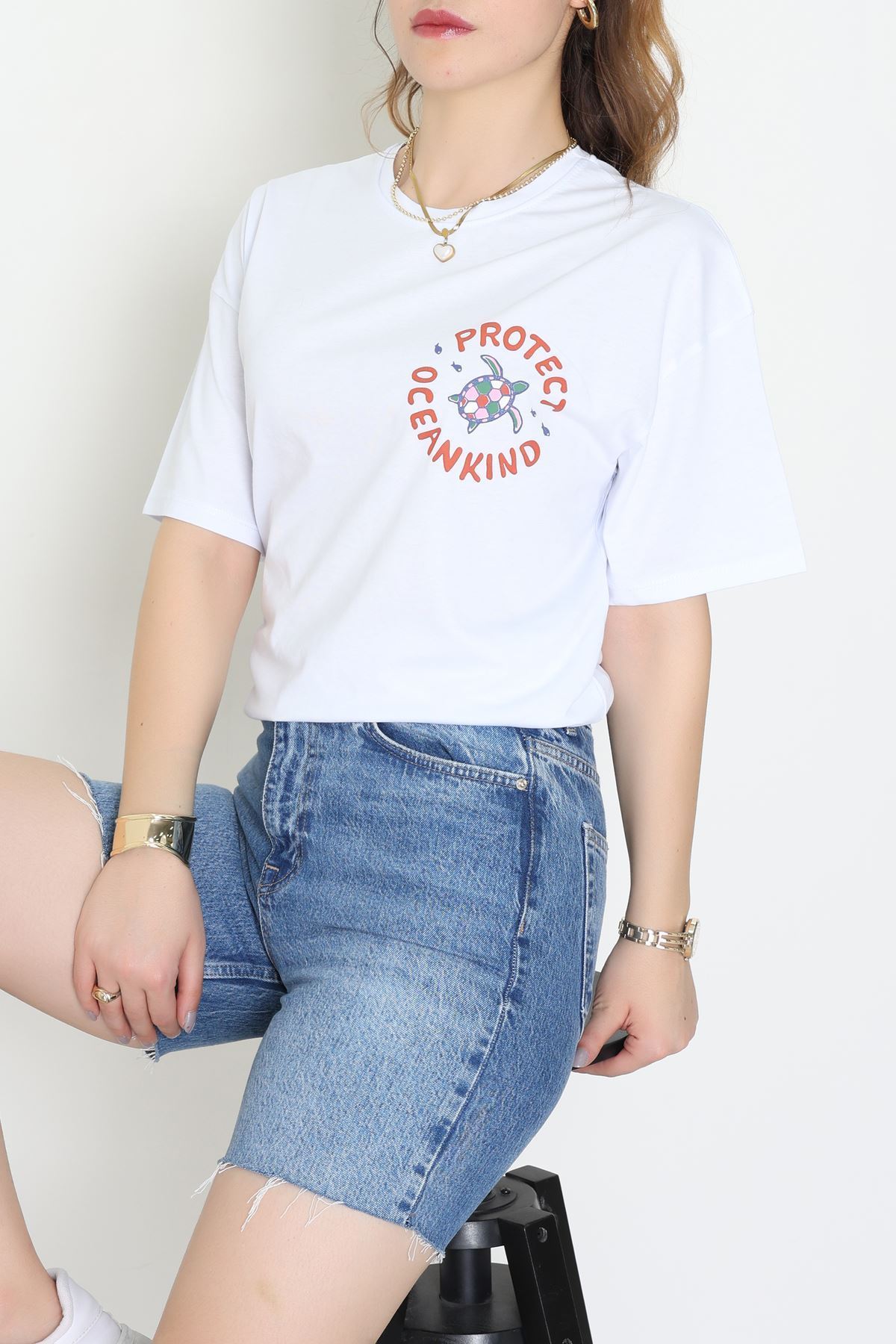 Kompakt Penye Unisex Tişört Beyazyeşil - 55064.1872.