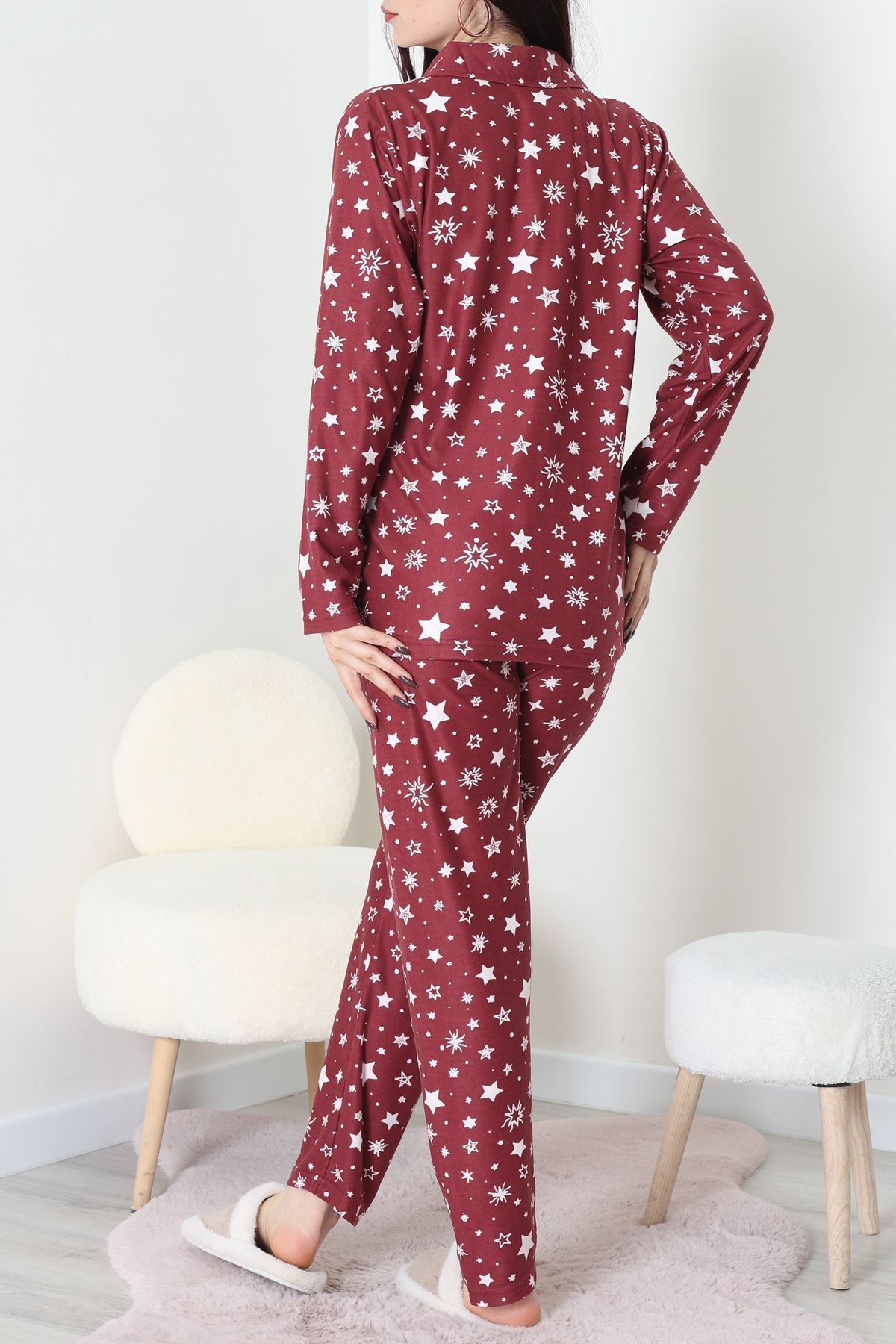 Süet Düğmeli Pijama Takımı Bordo - 31876.1049.