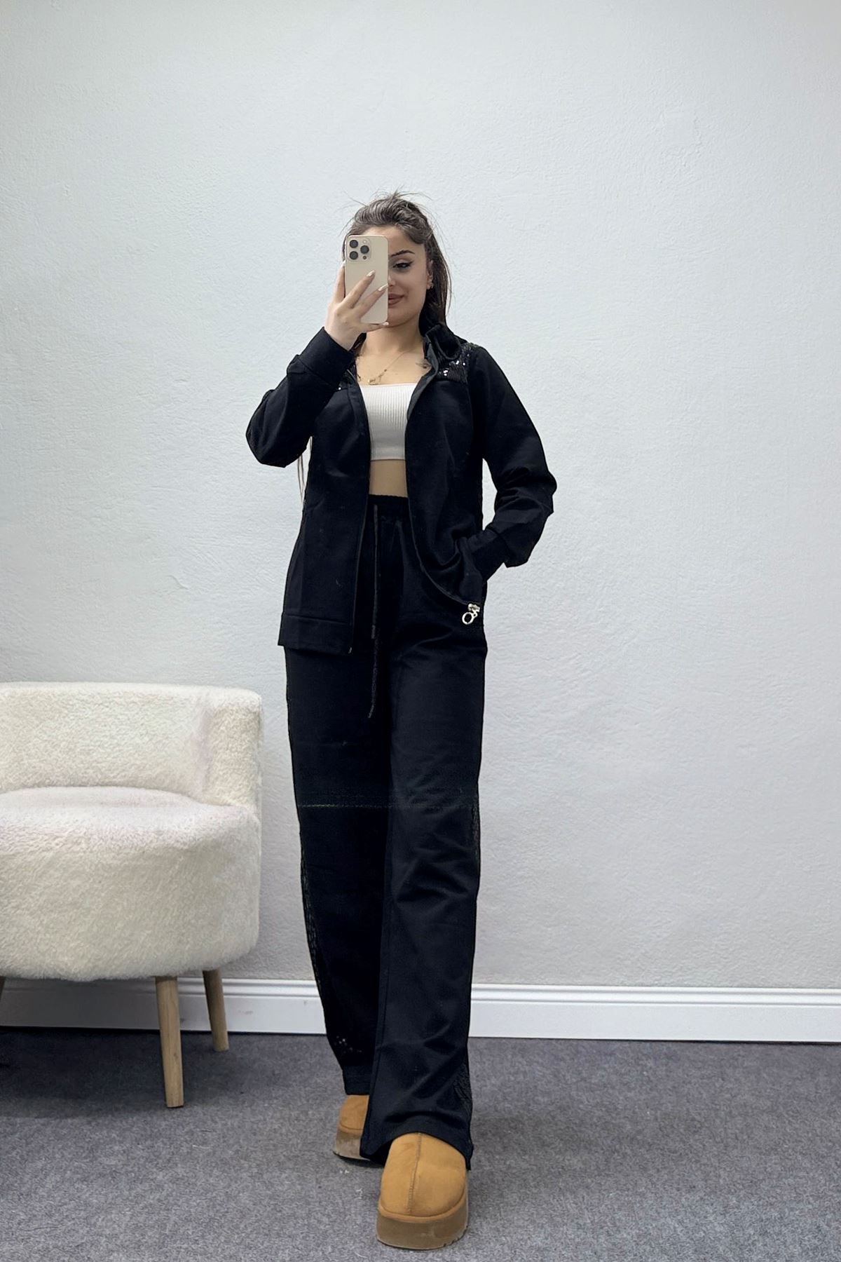 Pul İşlemeli 2 İplik Eşofman Takımı Siyah - 40016.1857.