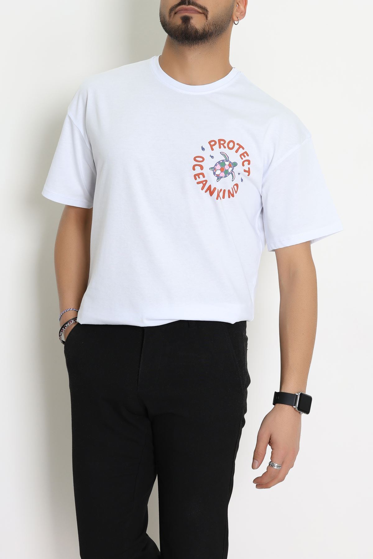 Kompakt Penye Unisex Tişört Beyazyeşil - 55064.1872.