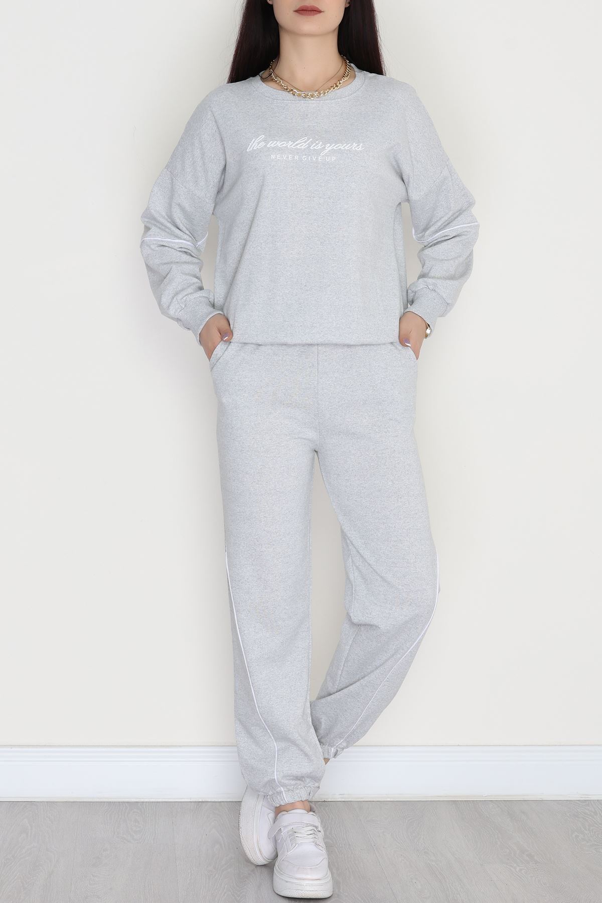 Biyeli Baskılı 2 İplik Eşofman Takımı Gri - 50791.1857.