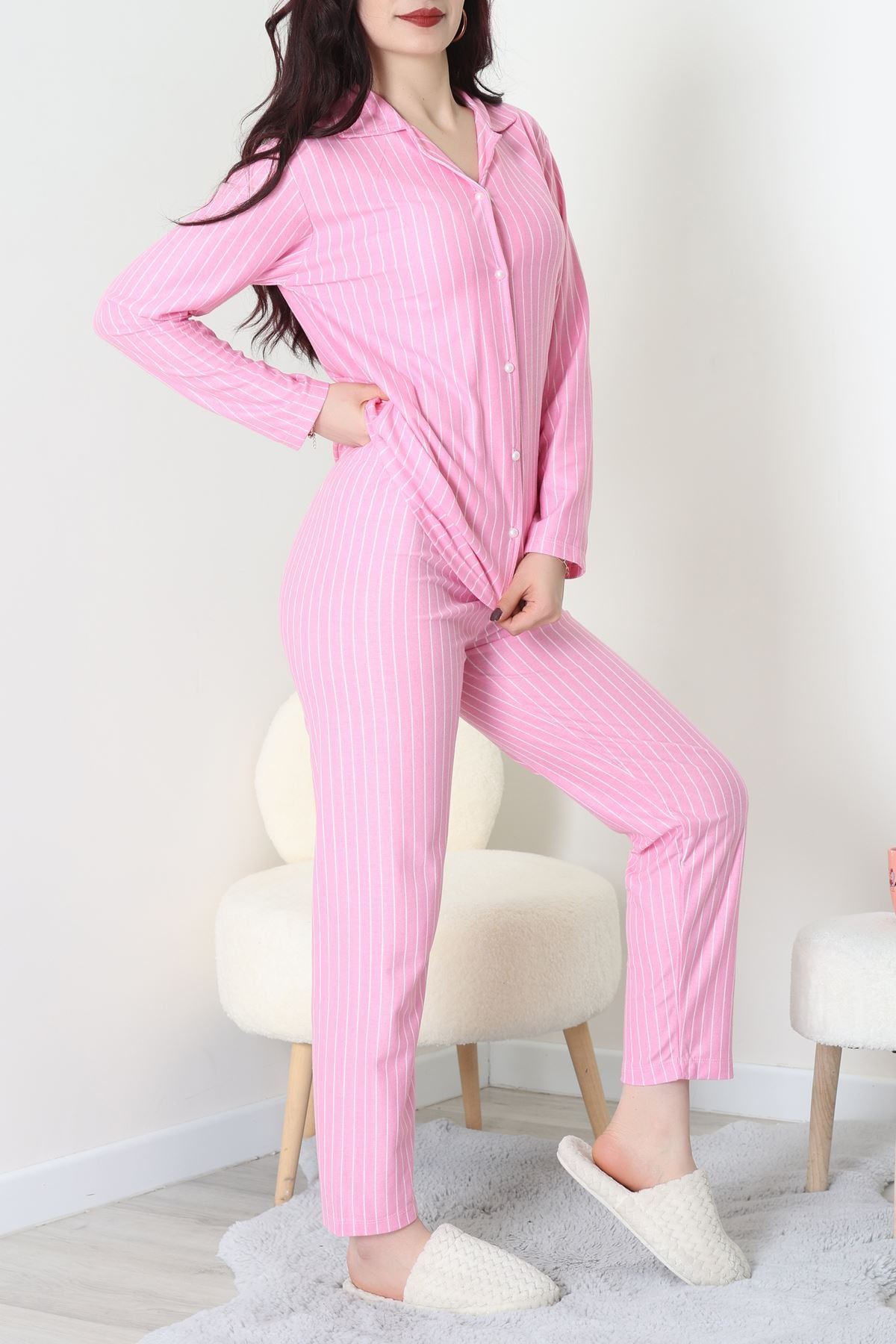 Süet Düğmeli Pijama Takımı Pembeçizgi - 52179.2124.