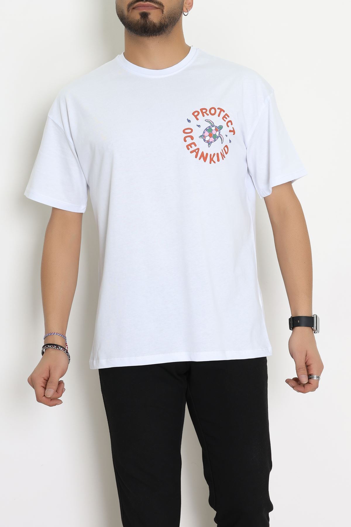 Kompakt Penye Unisex Tişört Beyazyeşil - 55064.1872.