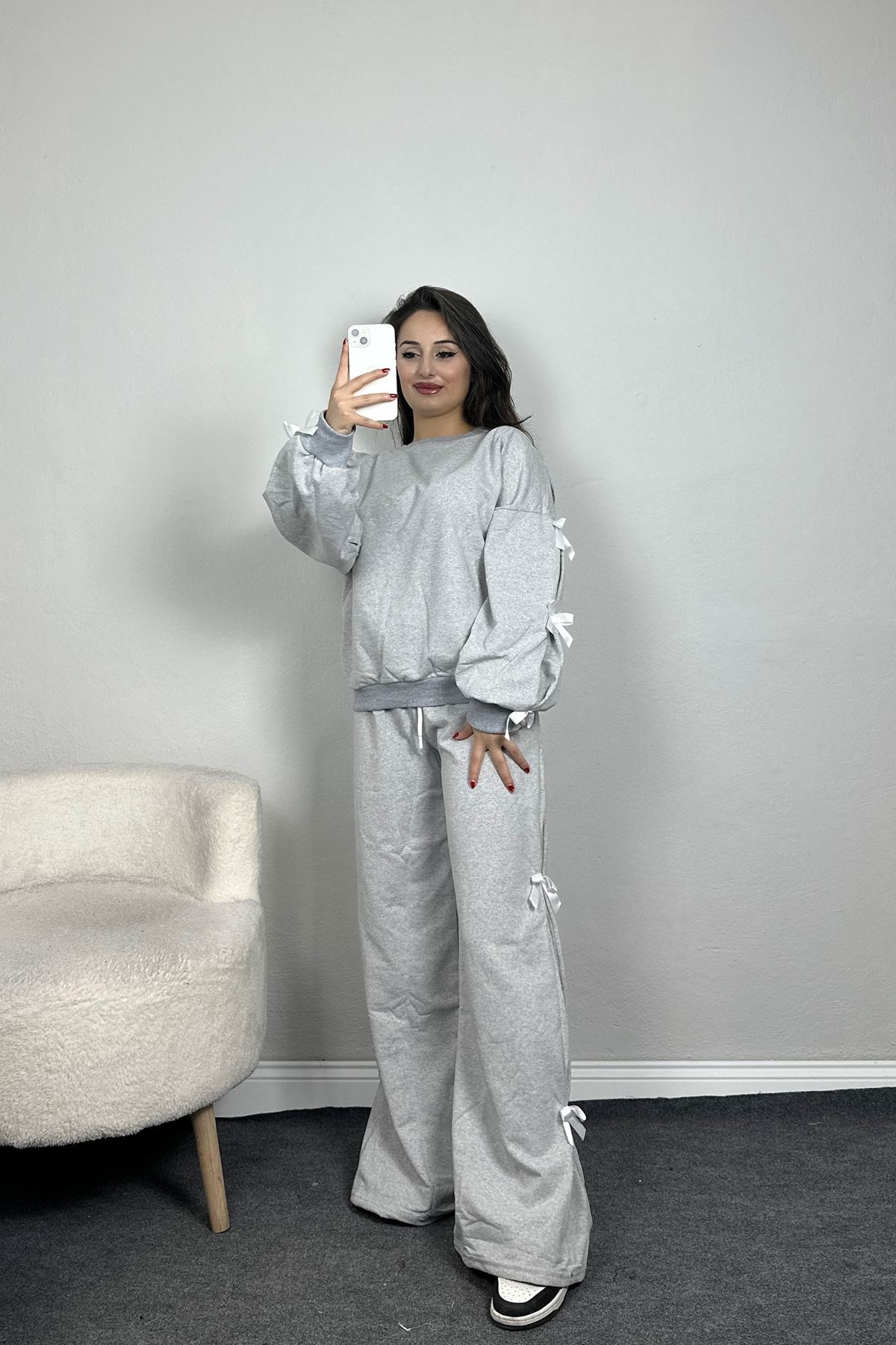 Özel Tasarımlı İki İplik Kurdeleli Eşofman Takım Gri - 70165.1857.