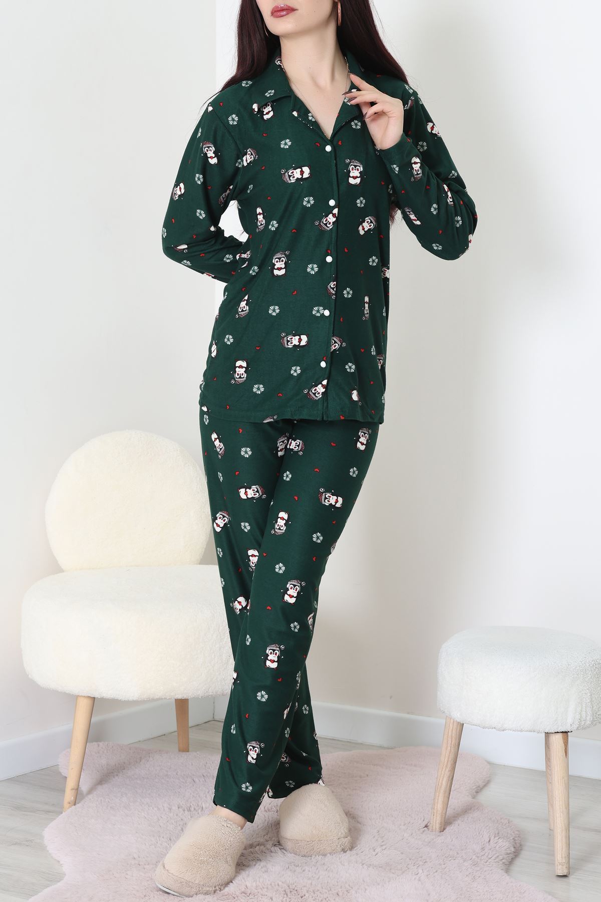 Süet Düğmeli Pijama Takımı Koyuyeşil - 31876.1049.