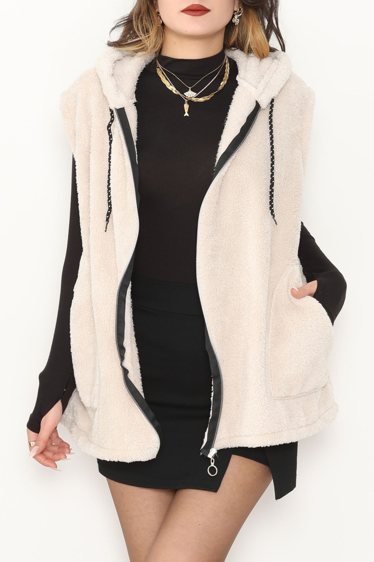 Fermuarlı Kapşonlu Peluş Yelek Taş - 51059.701.