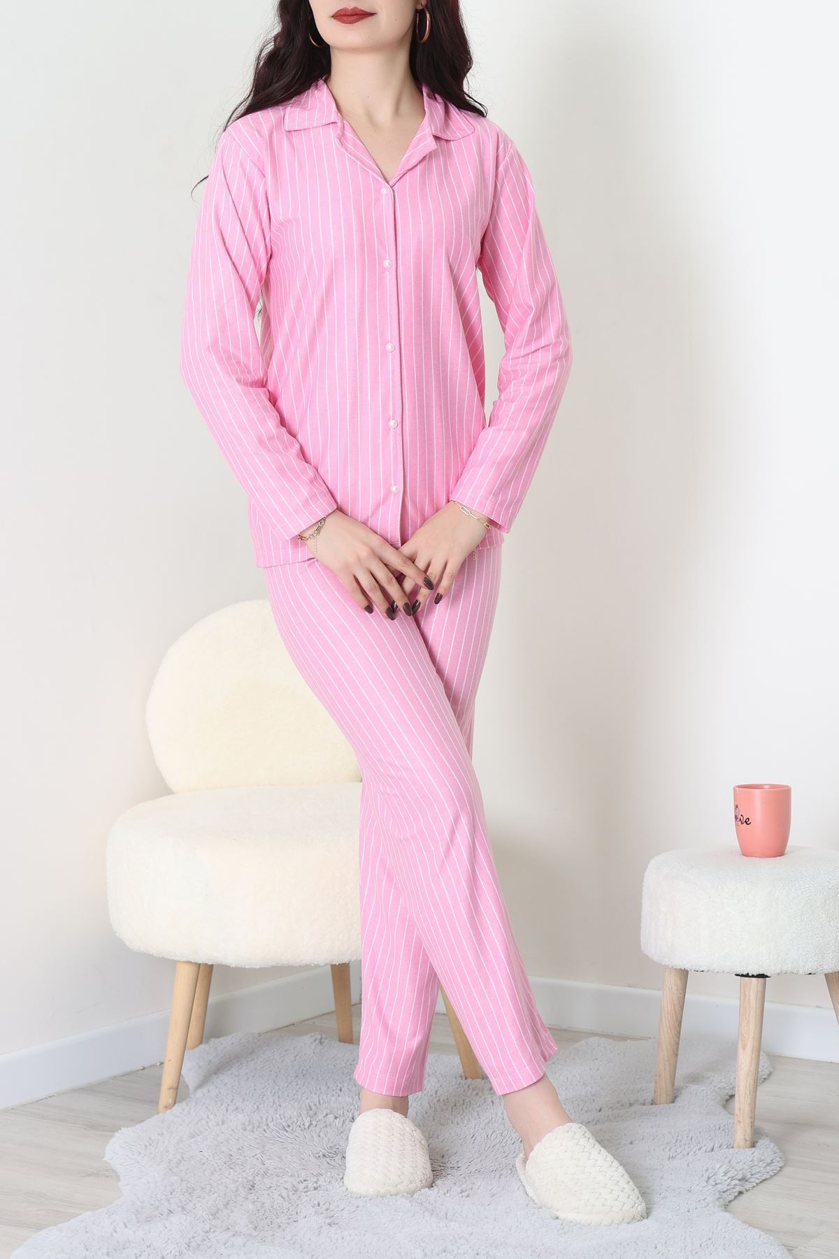 Süet Düğmeli Pijama Takımı Pembeçizgi - 52179.2124.