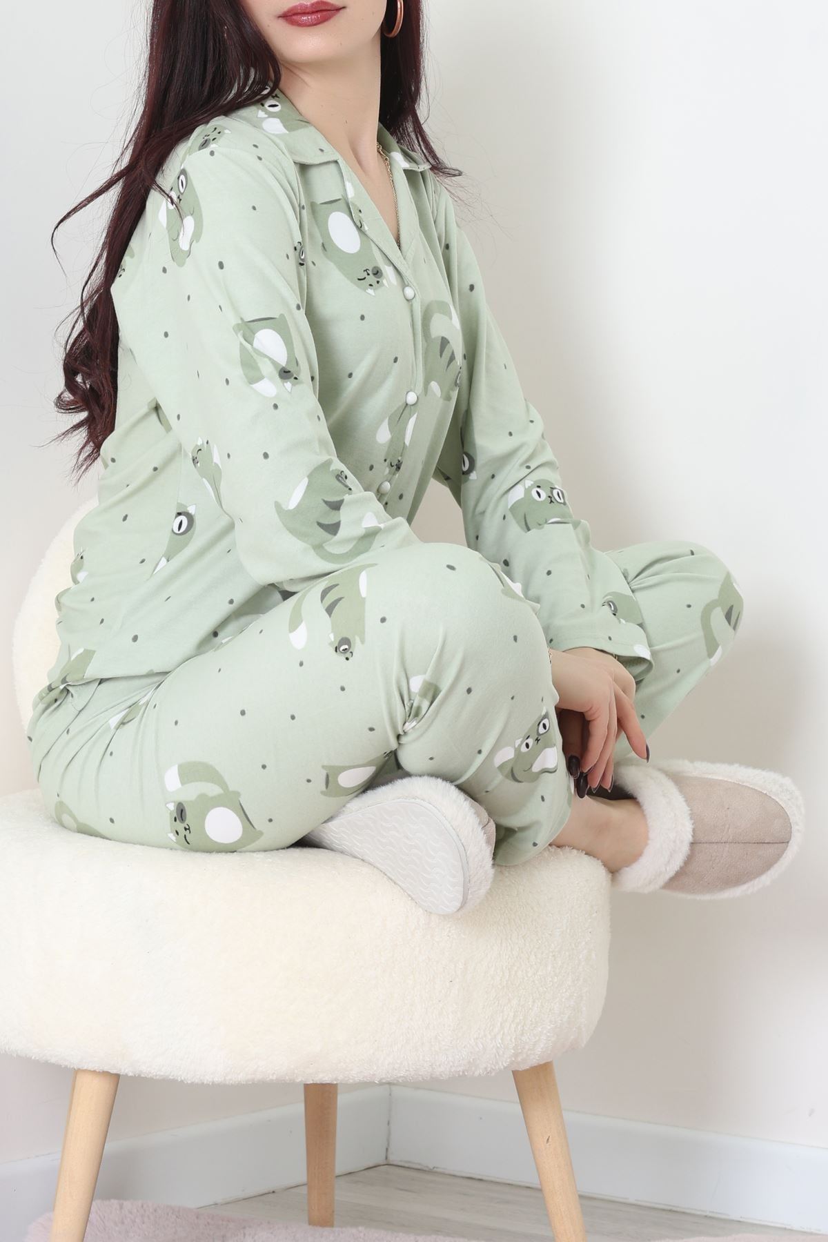 Süet Düğmeli Pijama Takımı Yeşil - 31876.1049.