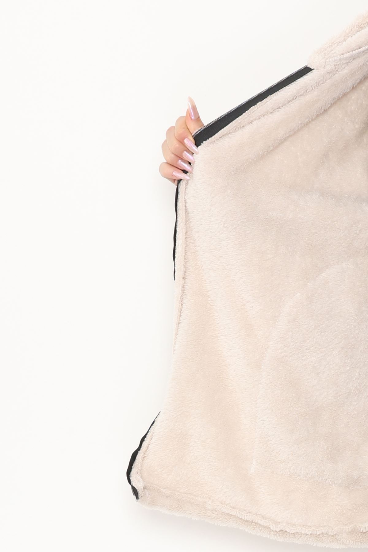 Fermuarlı Kapşonlu Peluş Yelek Taş - 51059.701.