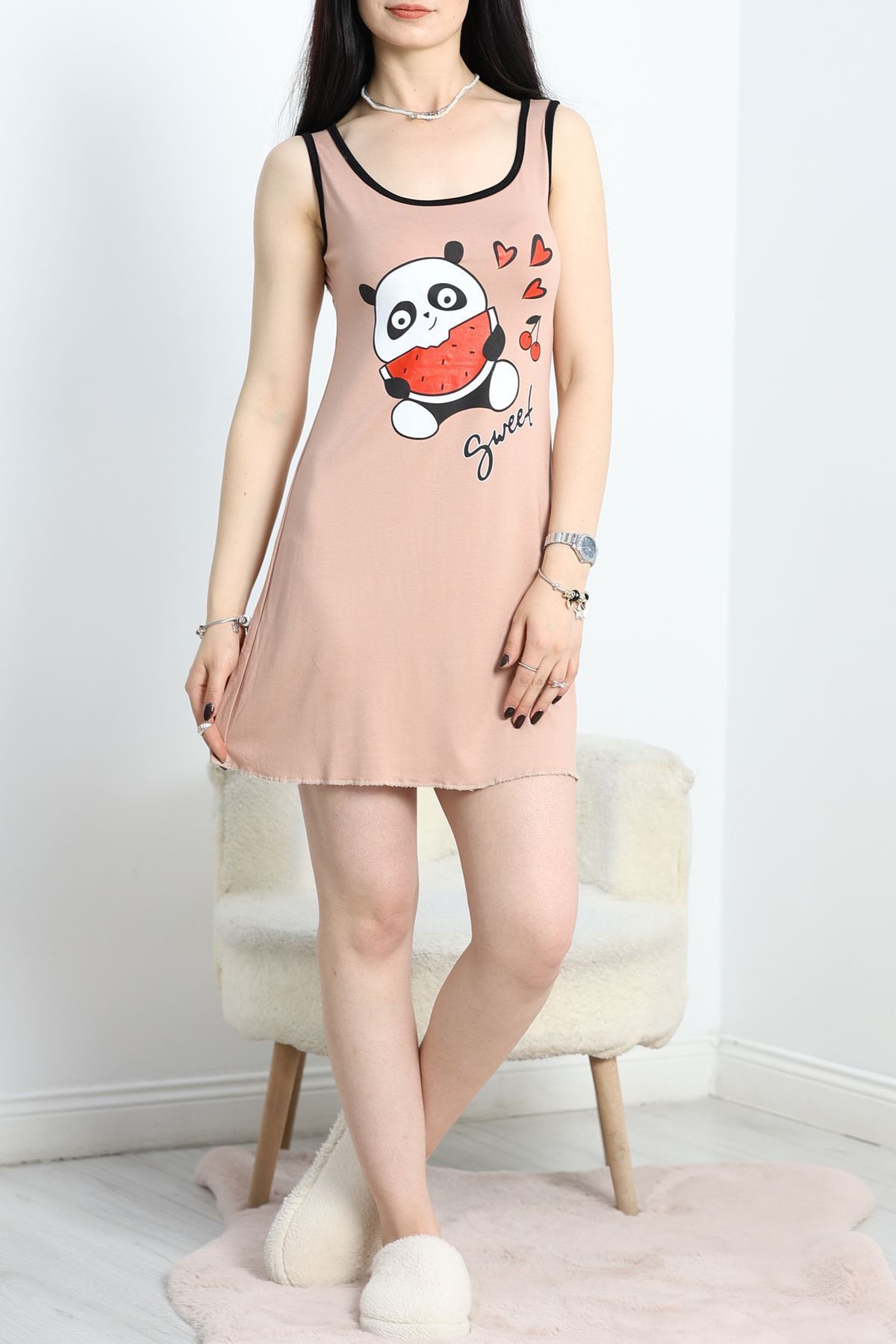 Biyeli Baskılı Gecelik Elbise Bej - 50330.1857.