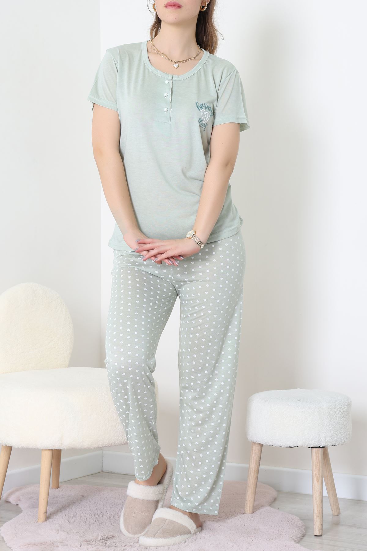 Viskon Kumaş Kısa Kol Pijama Takımı Mint1 - 31859.2123.