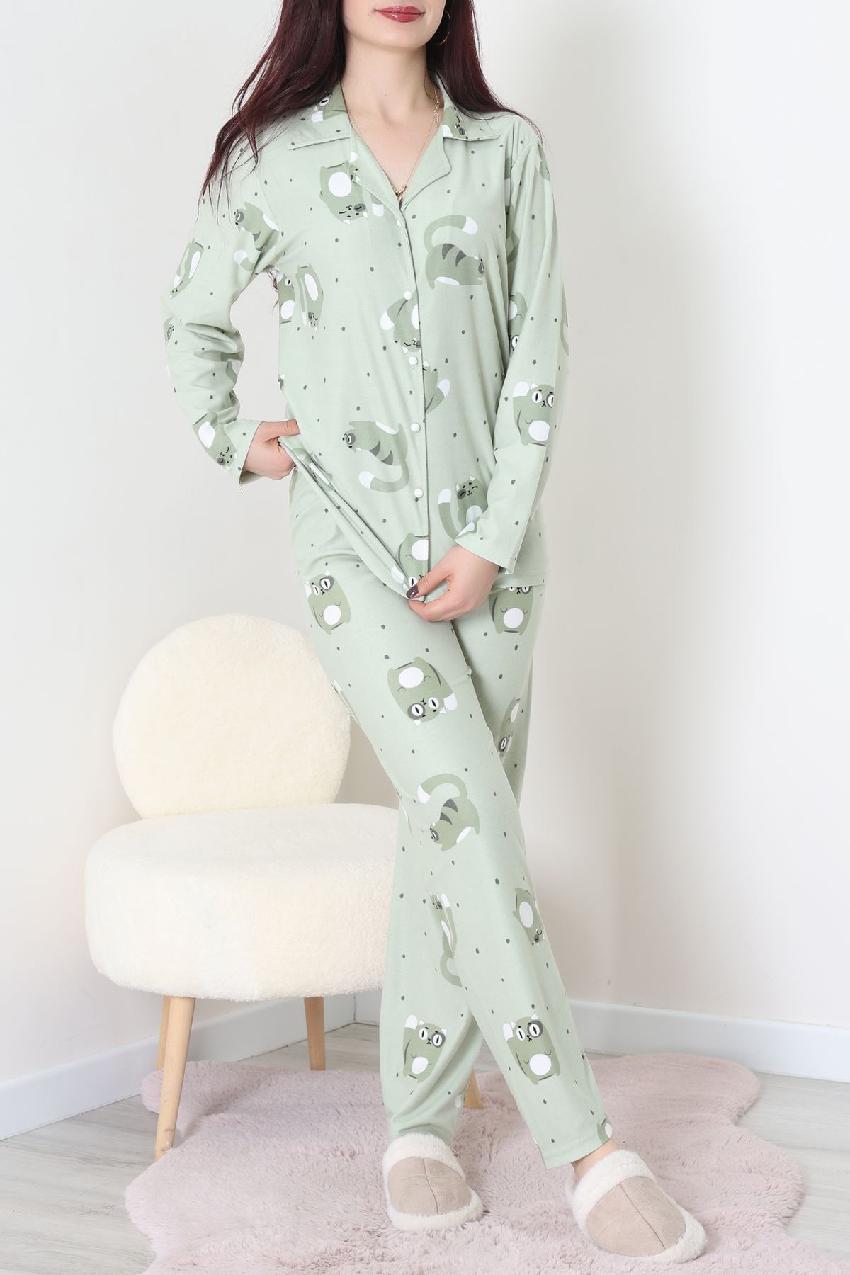 Süet Düğmeli Pijama Takımı Yeşil - 31876.1049.