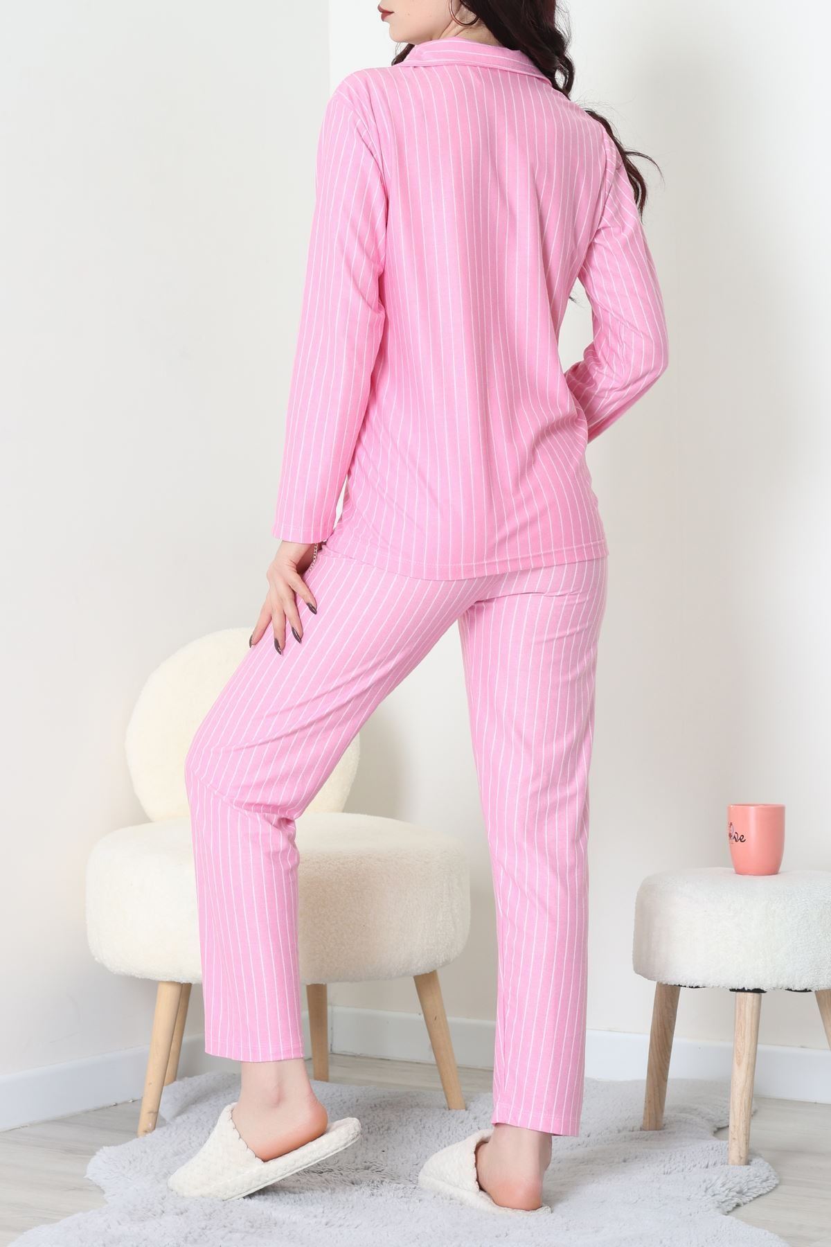 Süet Düğmeli Pijama Takımı Pembeçizgi - 52179.2124.