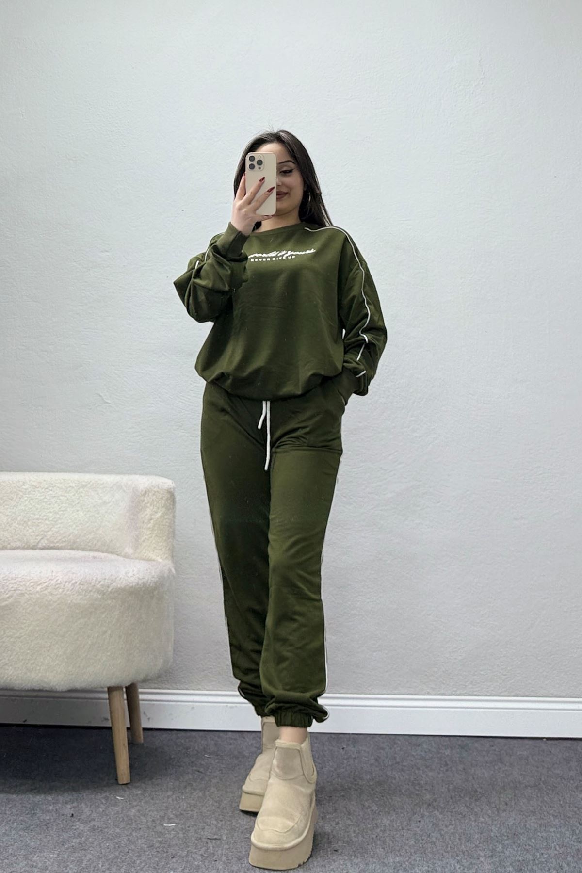 Baskılı Biyeli Eşofman Takımı Haki - 20075.1857.