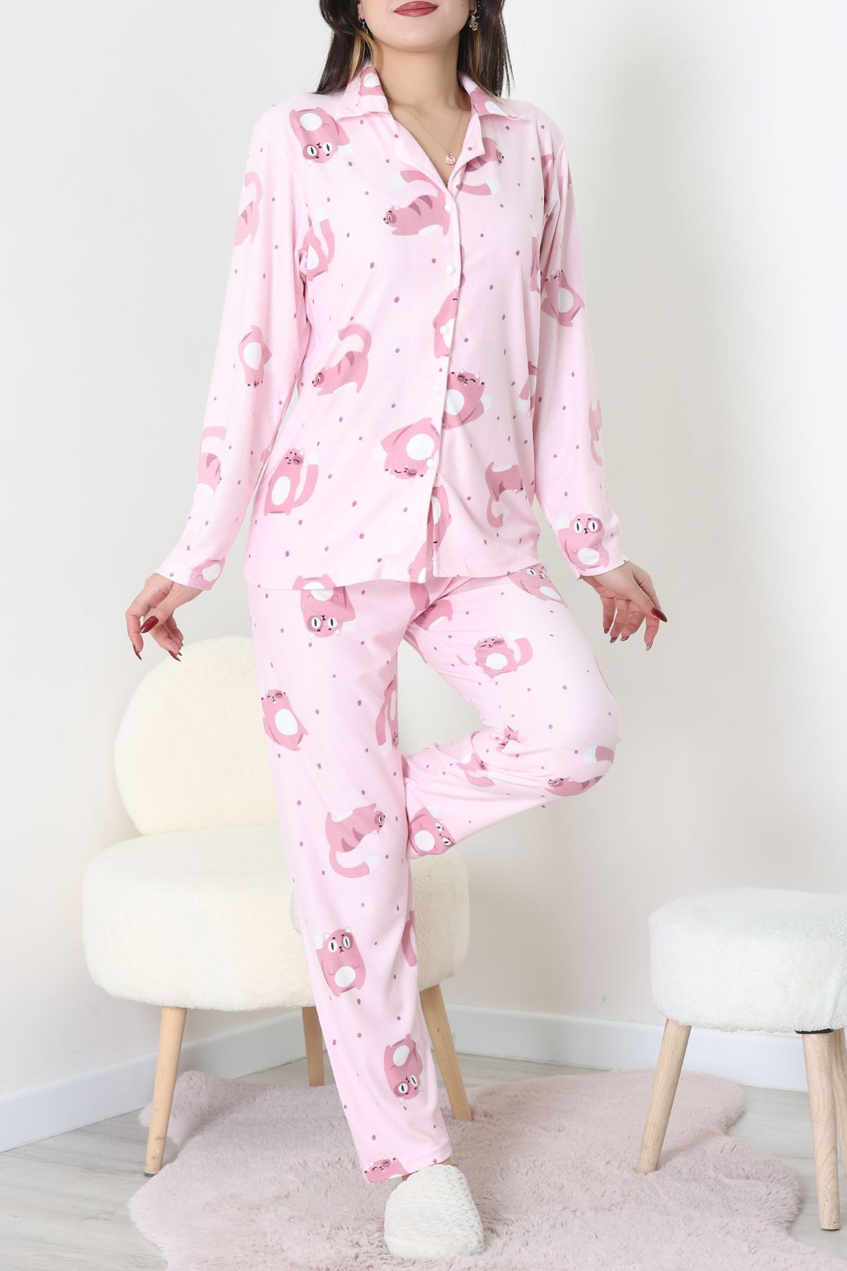 Süet Düğmeli Pijama Takımı Pembe - 31876.1049.