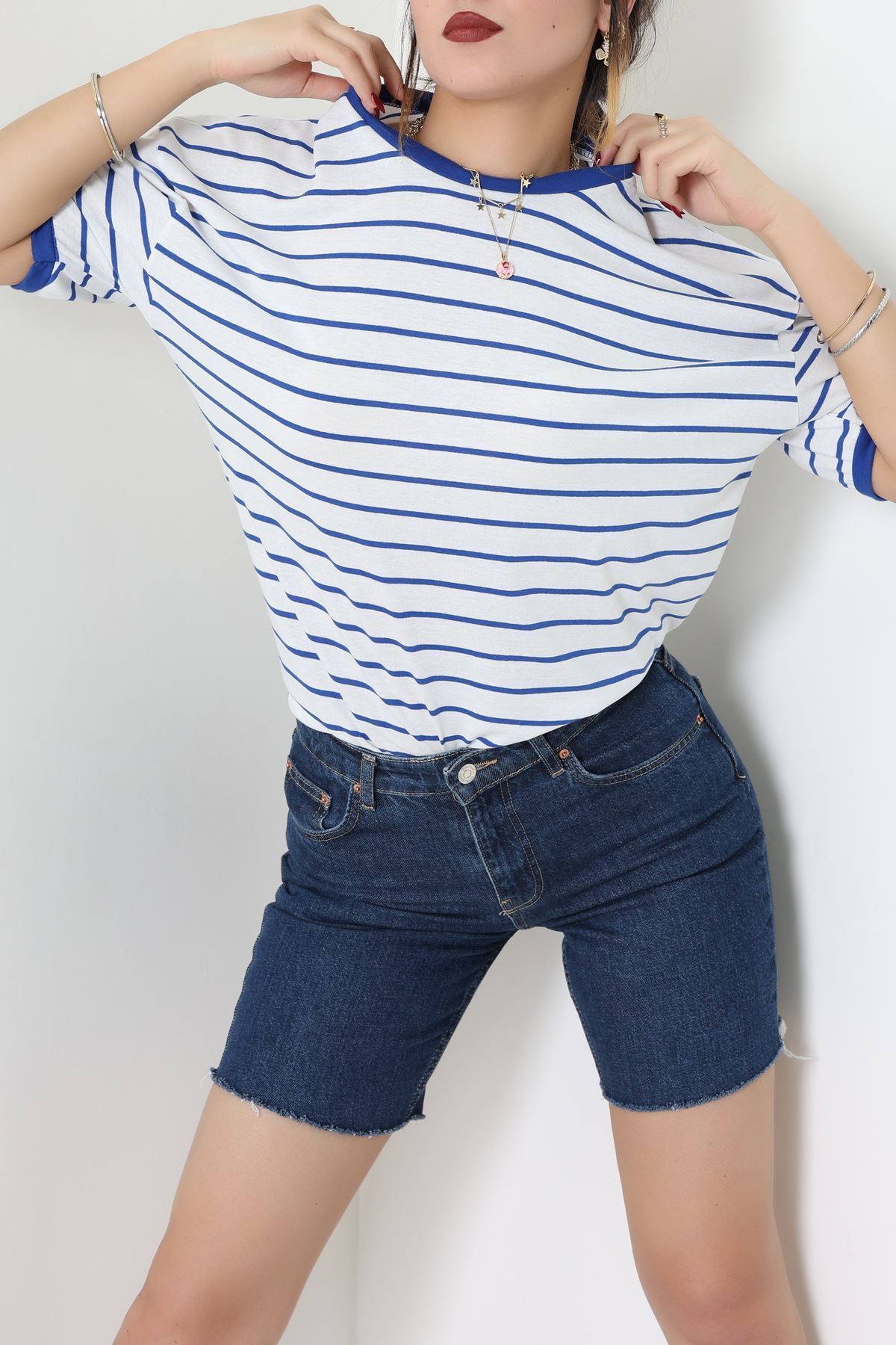 Bisiklet Yaka Çizgili Rejenere Süprem Tişört Beyazsaks - 601.1567.