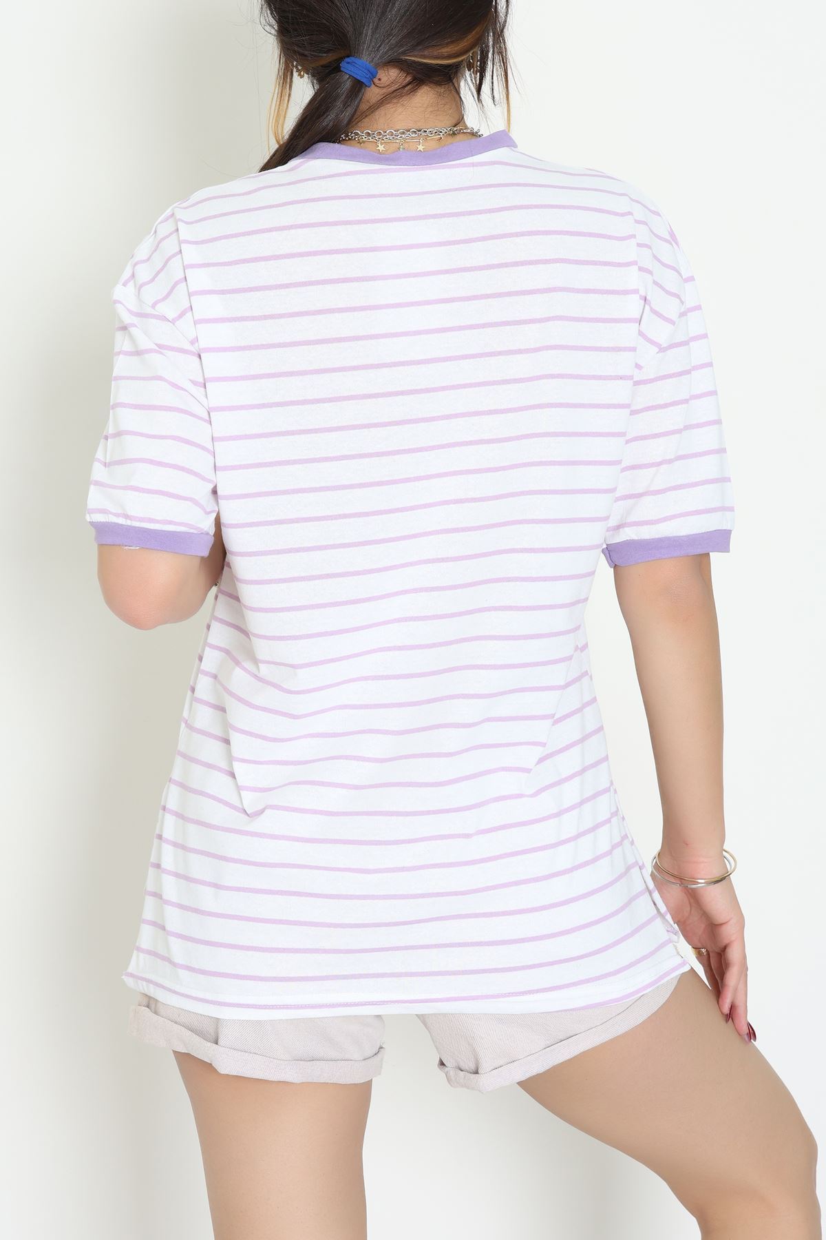 Bisiklet Yaka Çizgili Rejenere Süprem Tişört Beyazlila - 601.1567.